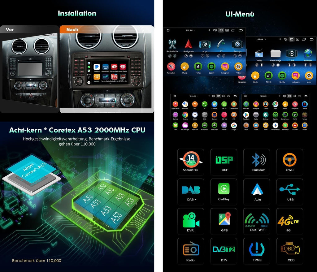 Android 14 Autoradio DVD für Mercedes Benz Klasse ML/GL W164 X164 Unterstützt DAB+ Navi Carplay Bluetooth WiFi A2DP RDS FM/AM Radio DSP Canbus Navigation 4GB RAM+64GB ROM