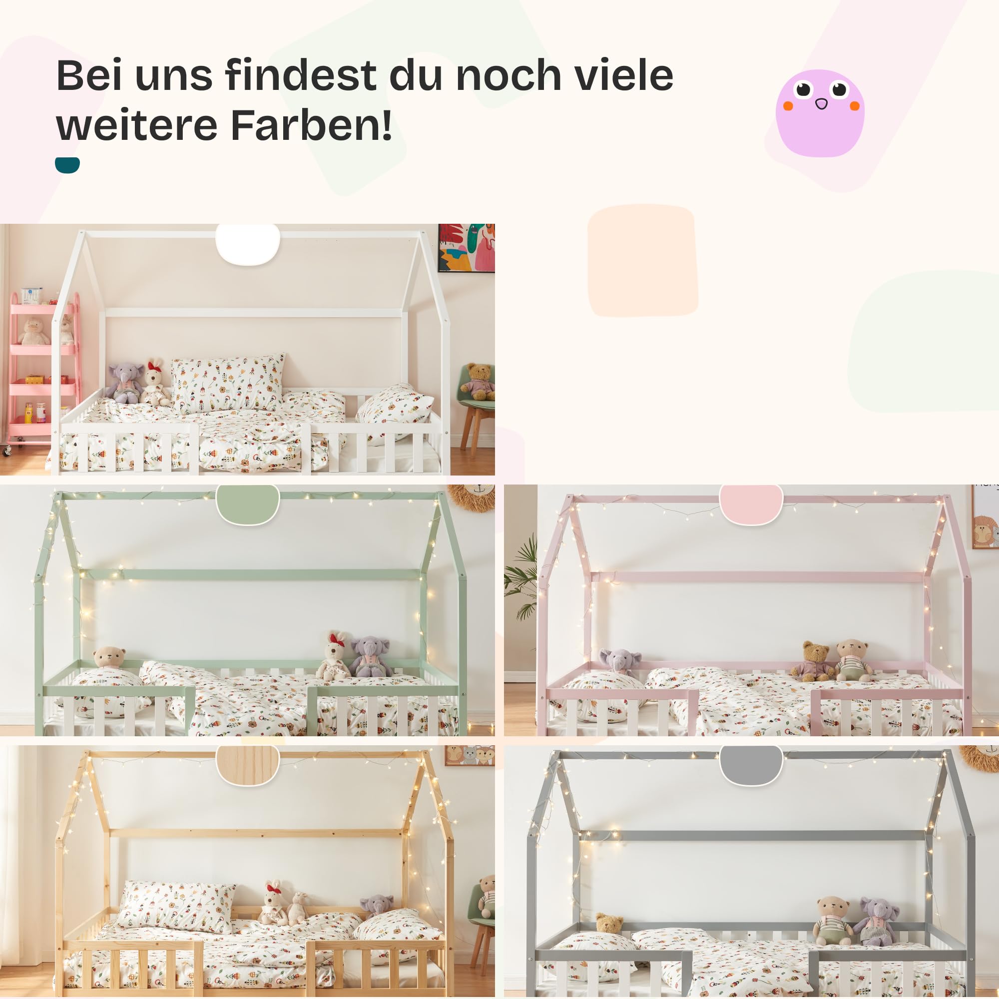 [en.casa] Kinderbett Sisimiut Hausbett Montessori 140 x 200 cm mit Rausfallschutz Holzbett für Kinder Bodenbett Lattenrost Kiefernholz Weiß matt