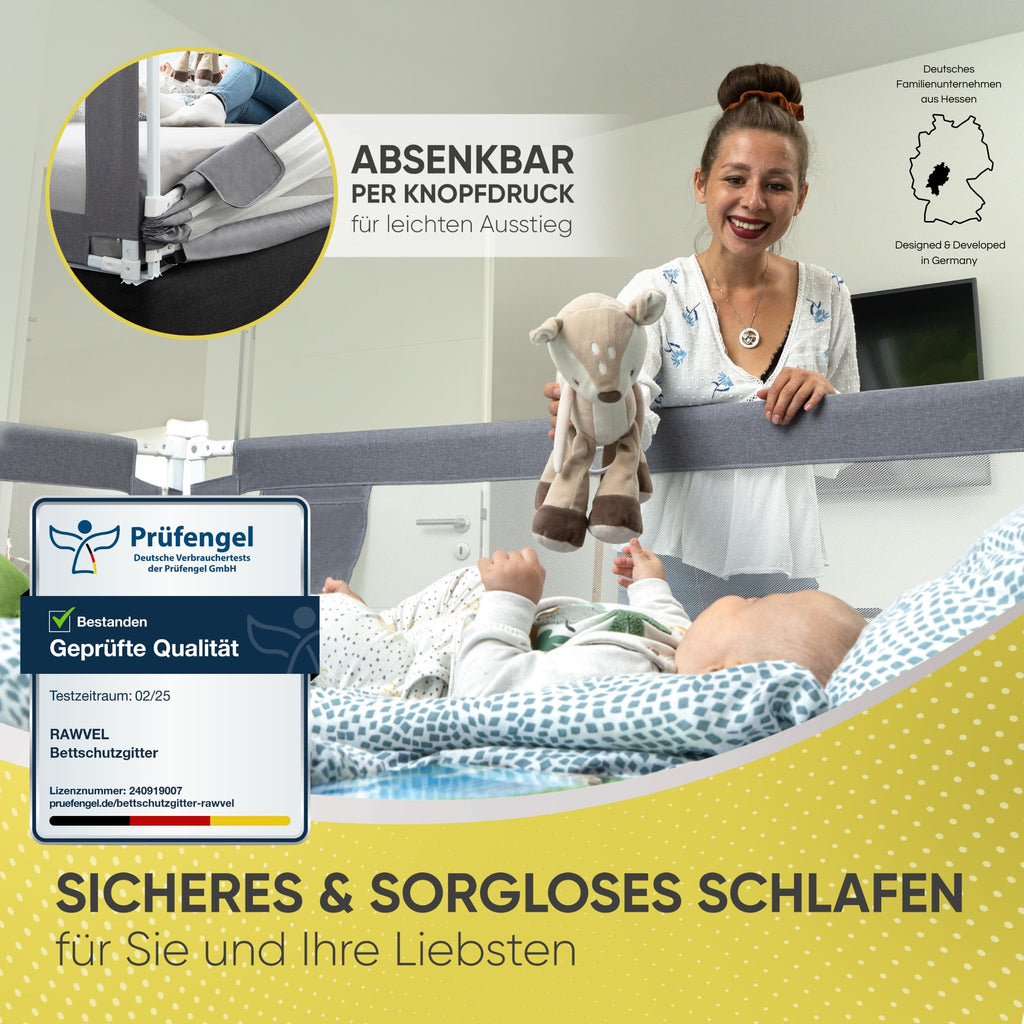 RAWVEL® Bettgitter grau [2m] - Labor geprüft - Rausfallschutz Bett [Eine Seite] - Bettschutzgitter für Kinder & Elternbetten - Inkl. Deutscher Aufbauanleitung & Aufbauvideo