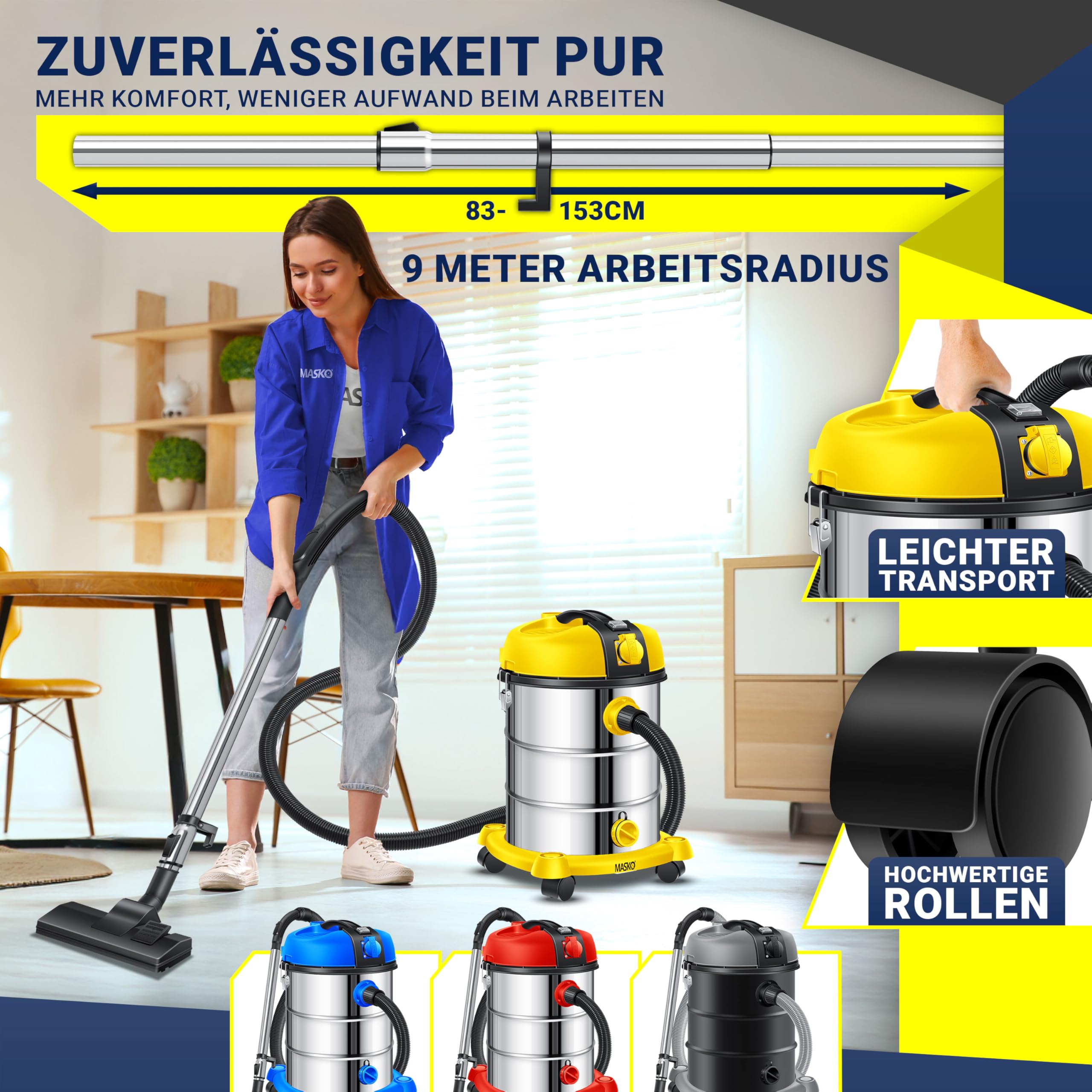 MASKO® Industriestaubsauger Staubsauger Nass Trocken Sauger Edelstahl 2300W + Steckdose, Blasfunktion, Saugschlauch & Nass-Saugen, Push&Clean, Industriesauger mit & ohne Beutel, Inkl Filter beutellos