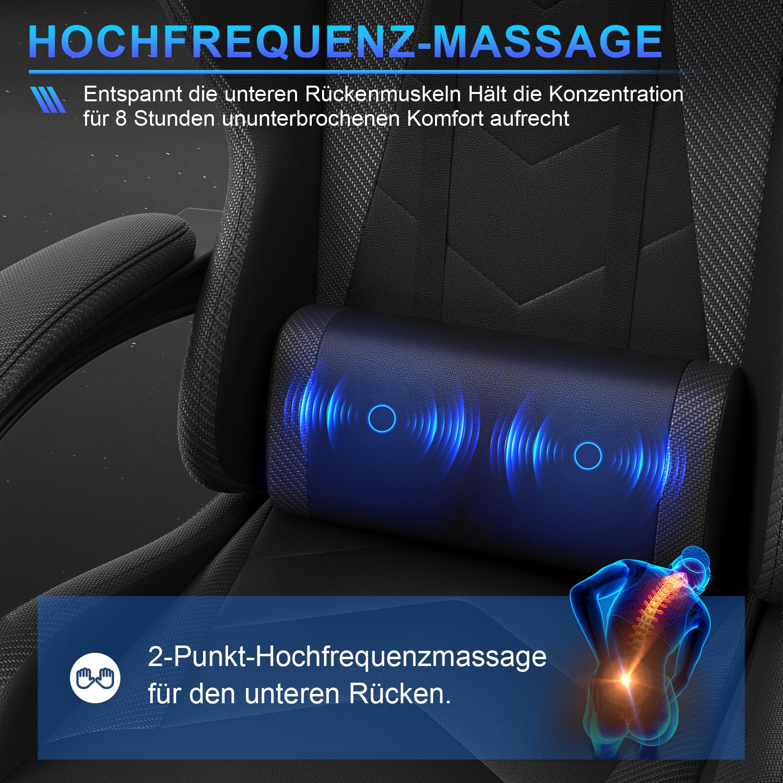 JUMMICO Gaming Stuhl Massage, Bürostuhl Ergonomisch Mit Massage-Lendenkissen, Gamer Stuhl verstellbare Rückenlehne 90-135°,und fußstütze, Gamingstuhl 150 kg belastbarkeit, Schwarz