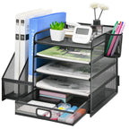 Marbrasse Schreibtisch Organizer mit Aktenhalter, 5 Ebenen Papier Briefablage mit Schublade und 2 Stiftehalter,Schreibtisch Netz Ablagefächer Organizer mit für Büro Bedarf (Schwarz)