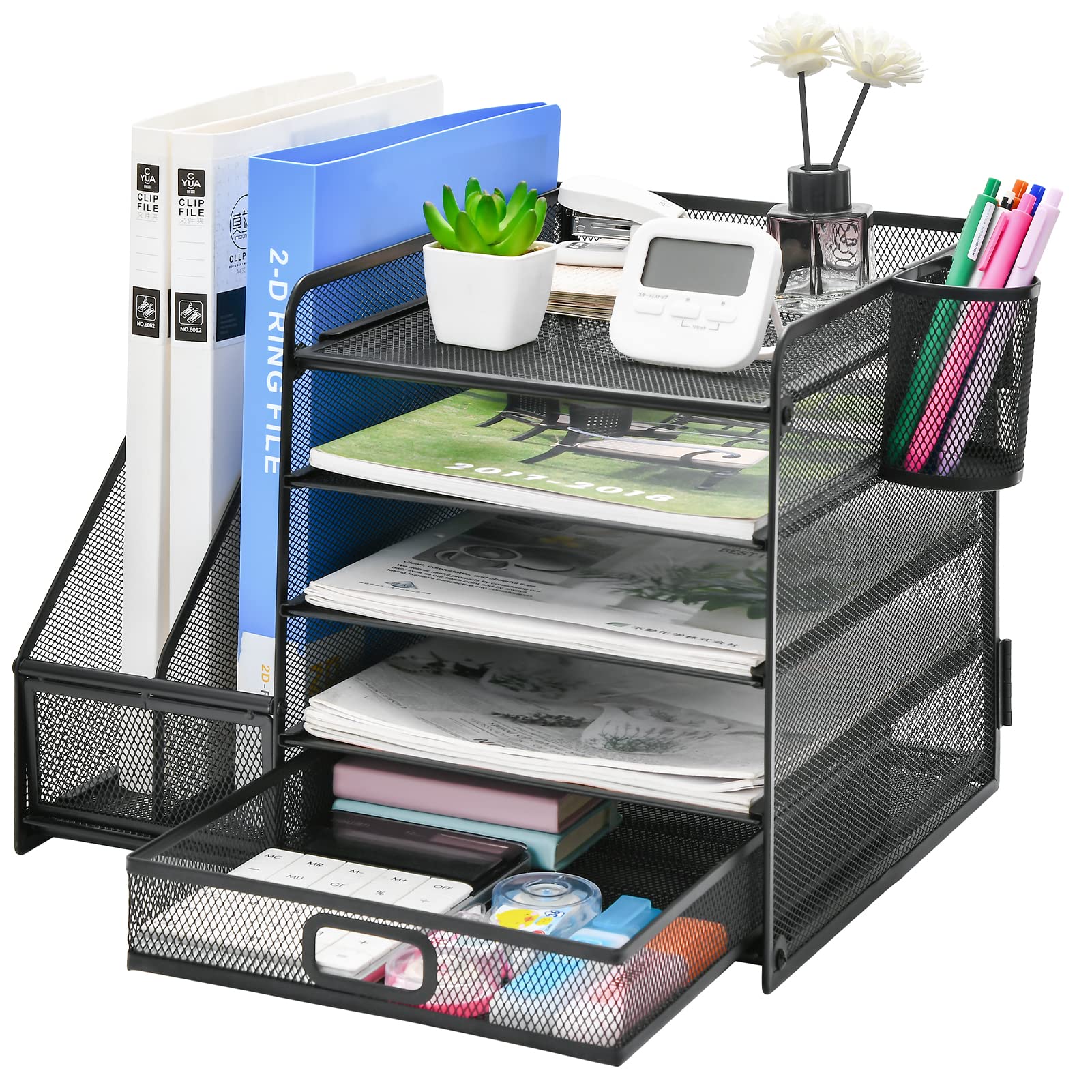 Marbrasse Schreibtisch Organizer mit Aktenhalter, 5 Ebenen Papier Briefablage mit Schublade und 2 Stiftehalter,Schreibtisch Netz Ablagefächer Organizer mit für Büro Bedarf (Schwarz)
