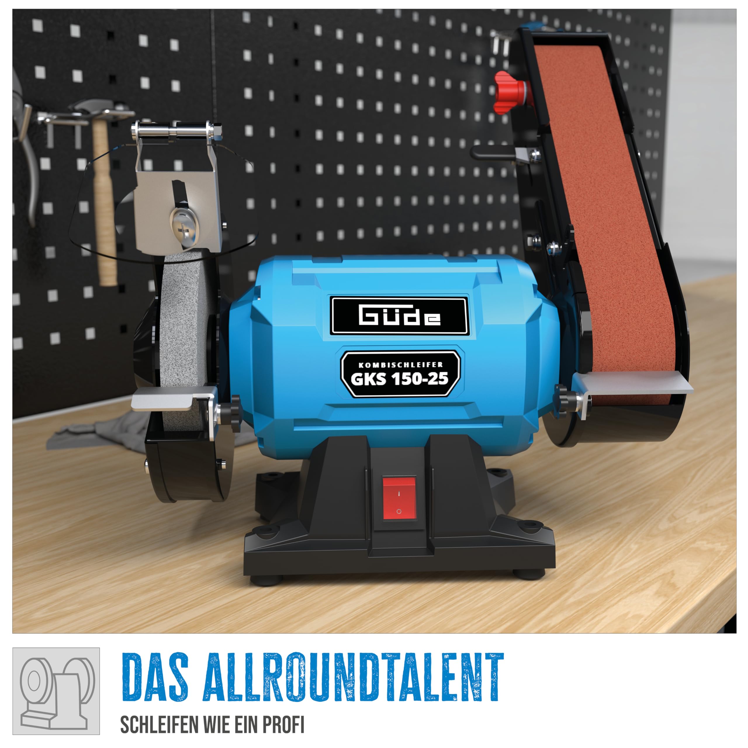 Güde Kombischleifer GKS 150-25 (250 W, 2980 1/min, Kondensatormotor, stabiler Maschinenfuß, Funkenschutzeinrichtung einstellbar, Feinschleifscheibe ø 150 mm 36 K, Schleifband 50x686 mm 80 K)