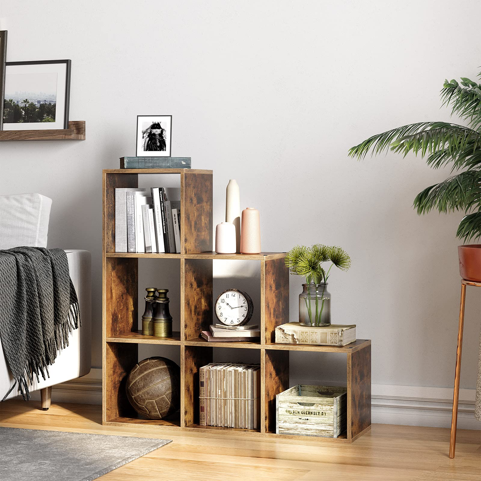 VASAGLE Bücherregal, Treppenregal, Trennwand, Aufbewahrungsmöbel, 6 Fächer, für Büro, Wohnzimmer, Schlafzimmer, rustikales Braun LBC63BX
