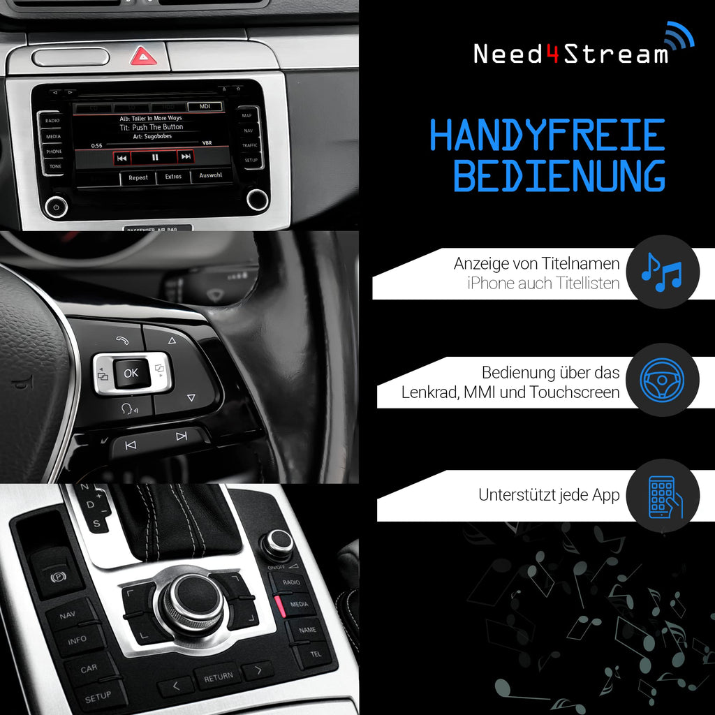 Need4Stream N4S300A V5.0 A2DP Bluetooth Audio Interface mit Titellisten, kompatibel mit Audi Music Interface, MMI 3G, 3G+, Symphony, Concert, RNS-E, BNS5.0 und VW Media-In