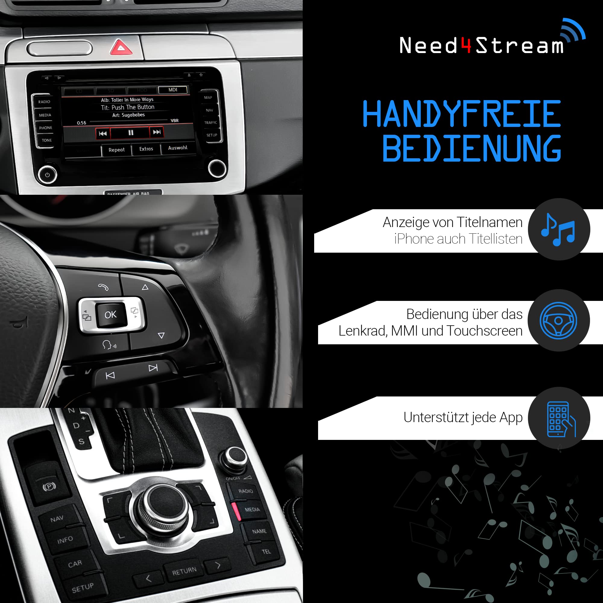 Need4Stream N4S300A V5.0 A2DP Bluetooth Audio Interface mit Titellisten, kompatibel mit Audi Music Interface, MMI 3G, 3G+, Symphony, Concert, RNS-E, BNS5.0 und VW Media-In