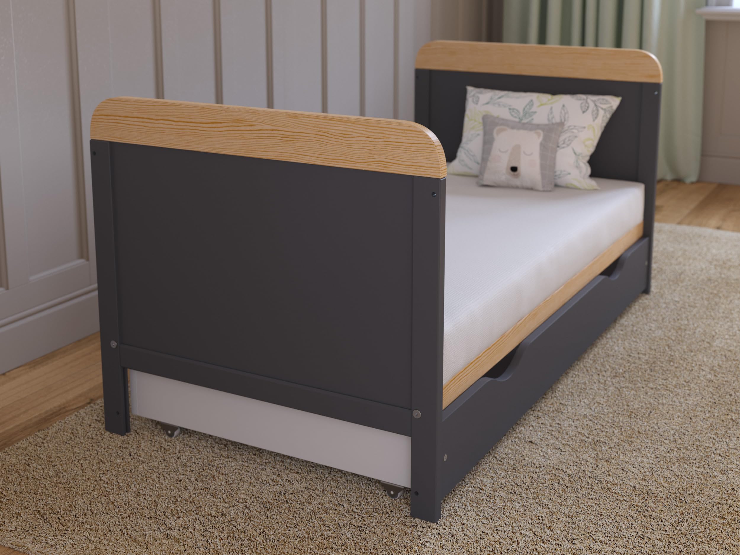 Love For Sleep Babybett Beistellbett 120x60 cm mit Schublade & Matratze - Kinderbett Baby Bett Holz Anthrazit-Kiefer, Babybett Komplett Set - Kinderbett Babybett Mitwachsend Gitterbett