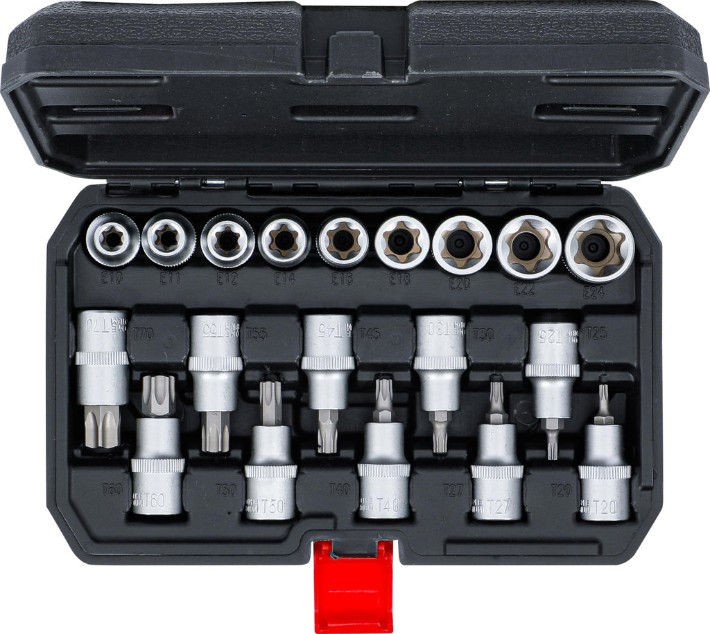 BGS Diy 95100 | Bit-Einsatz-/Steckschlüssel-Satz | Antrieb Innensechskant 12,5 mm (1/2") | T-Profil (für Torx) / E-Profil | 19-tlg.
