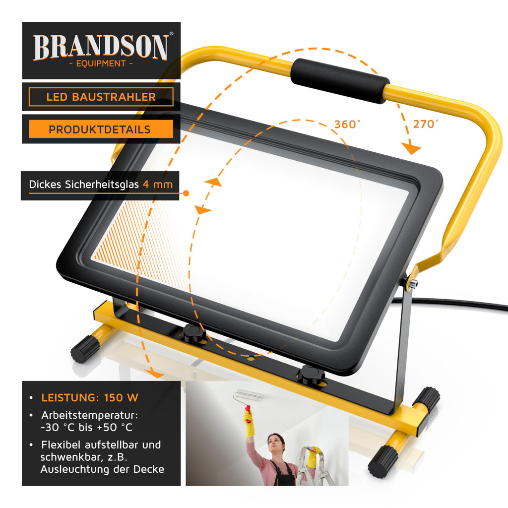 Brandson - LED Baustrahler 150W − Arbeitsscheinwerfer − Bauscheinwerfer − 216 SMD LEDs − Standgestell und Tragegriff − 12000 Lumen – 4 m Stromkabel − Metallgehäuse - IP65