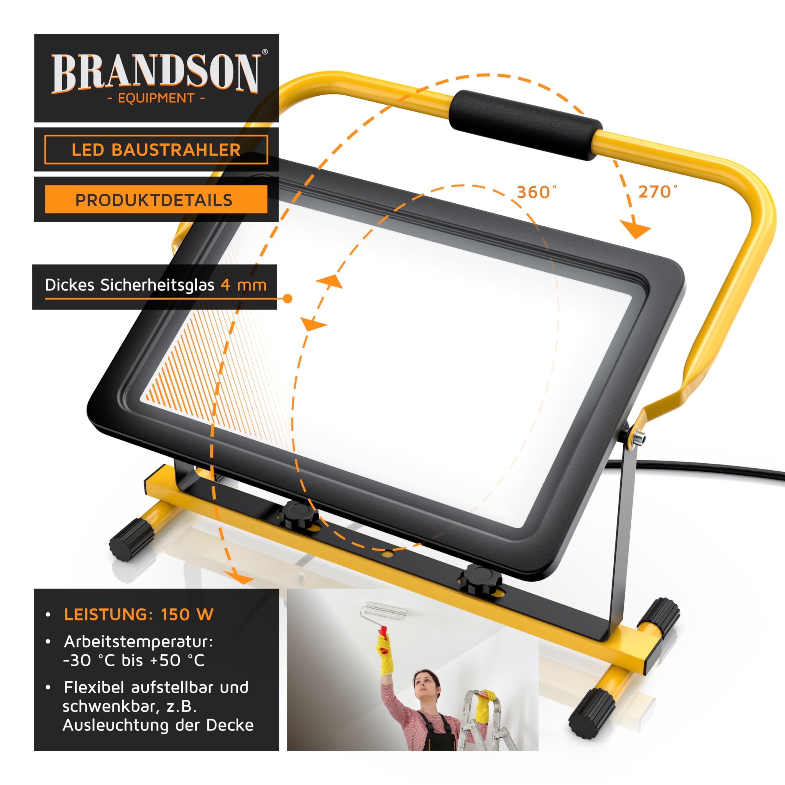 Brandson - LED Baustrahler 150W − Arbeitsscheinwerfer − Bauscheinwerfer − 216 SMD LEDs − Standgestell und Tragegriff − 12000 Lumen – 4 m Stromkabel − Metallgehäuse - IP65