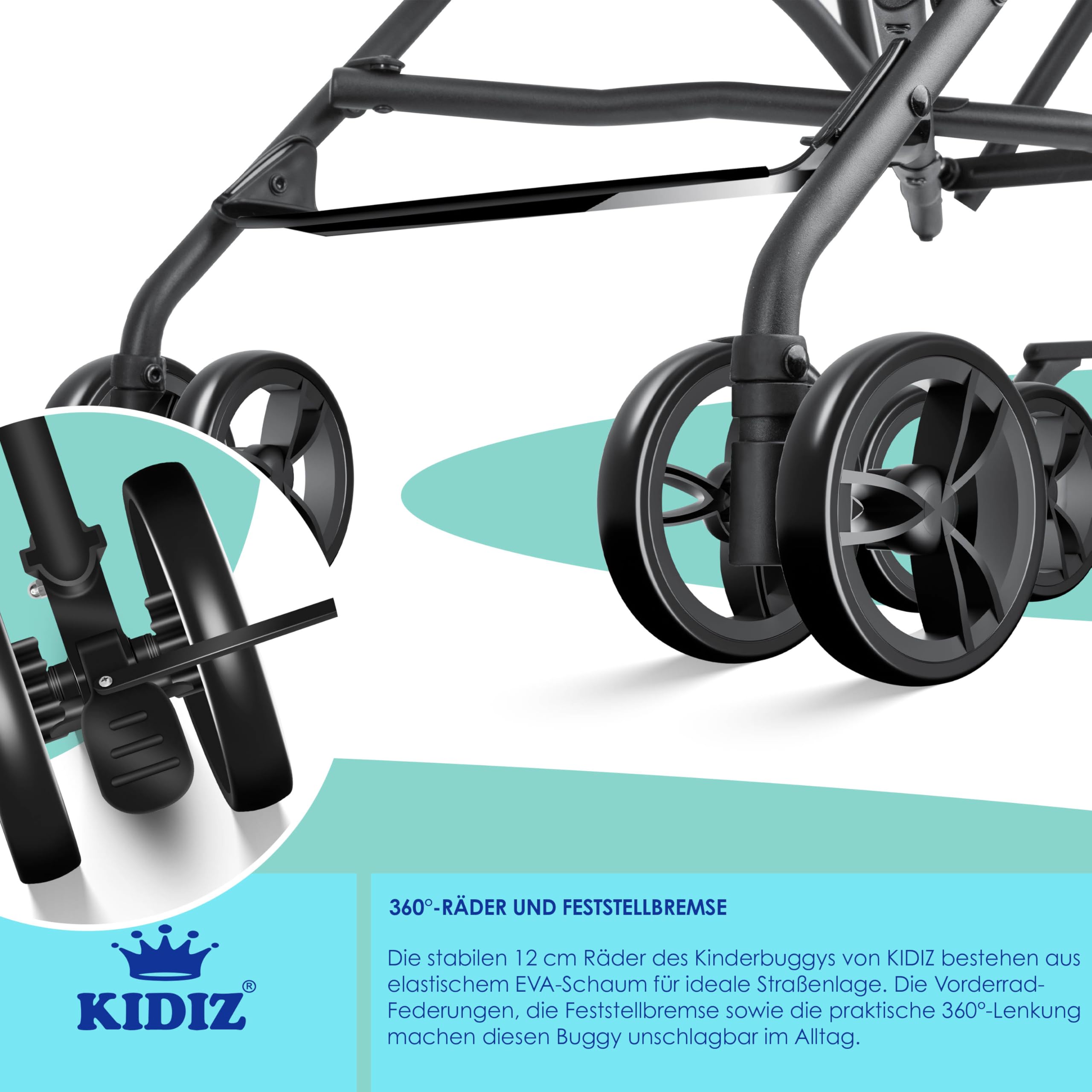 KIDIZ® Kinderwagen CITY Buggy Kinderbuggy klappbar Sportwagen Faltbar 360° 4-Zoll-Räder Inkl. Sonnen- und Regenverdeck zusammenklappbar 5-Punkt-Sicherheitsgurt ab 6 Monate, Anthrazit