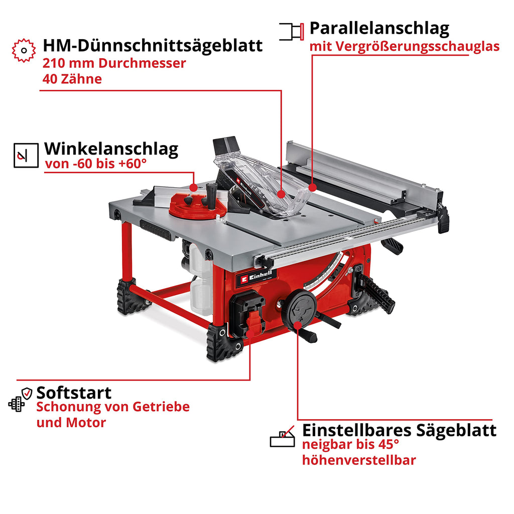Einhell Akku-Tischkreissäge TE-TS 36/210 Li-Solo Power X-Change (36 V, 70 mm Schnitthöhe, Ø 210 mm Sägeblatt, Tischverbreiterung, Winkelanschlag, Parallelanschlag, ohne Akku)