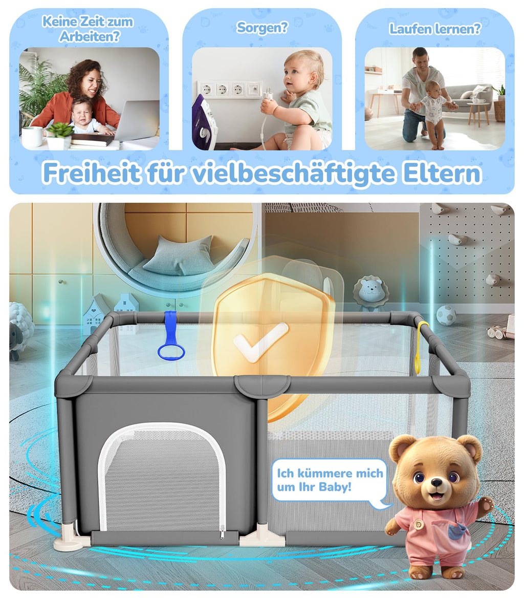 Dripex Laufstall Baby 124x124cm, Laufgitter Baby, Laufstall mit atmungsaktivem Netz, Laufgitter 210D Oxford Gewebe, Playpen, kinderlaufstall, Dunkelgrau