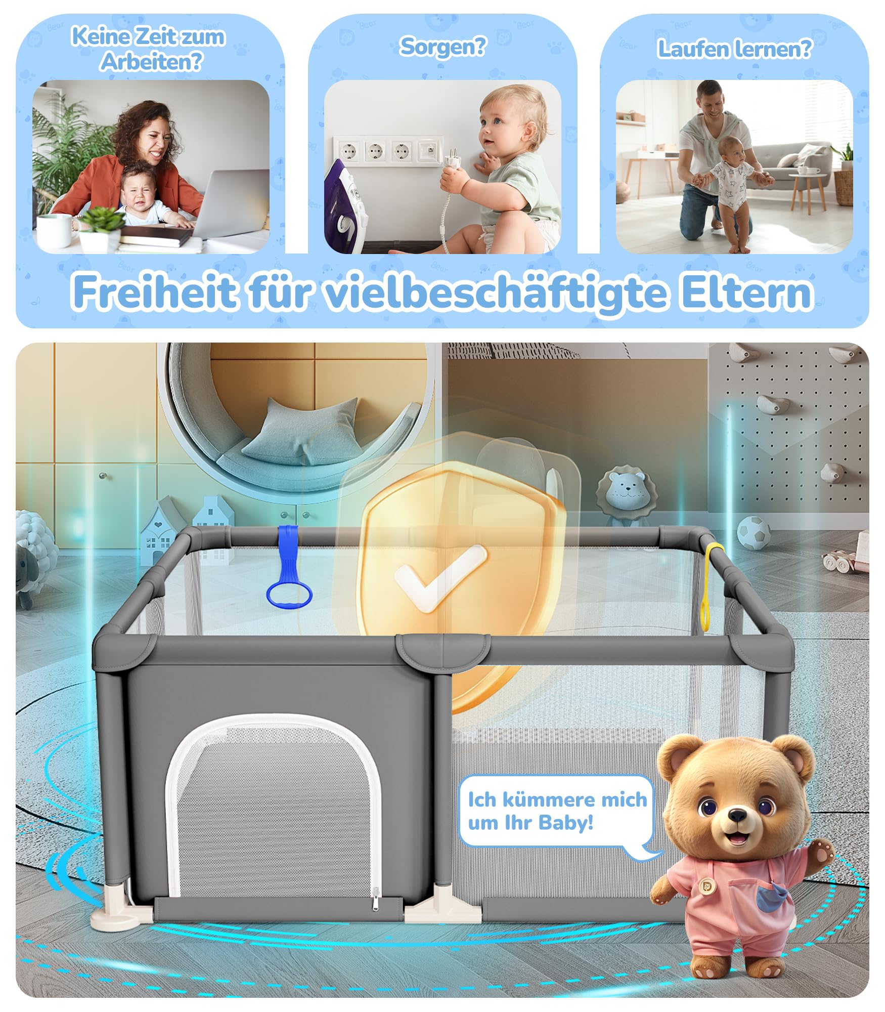 Dripex Laufstall Baby 124x124cm, Laufgitter Baby, Laufstall mit atmungsaktivem Netz, Laufgitter 210D Oxford Gewebe, Playpen, kinderlaufstall, Dunkelgrau