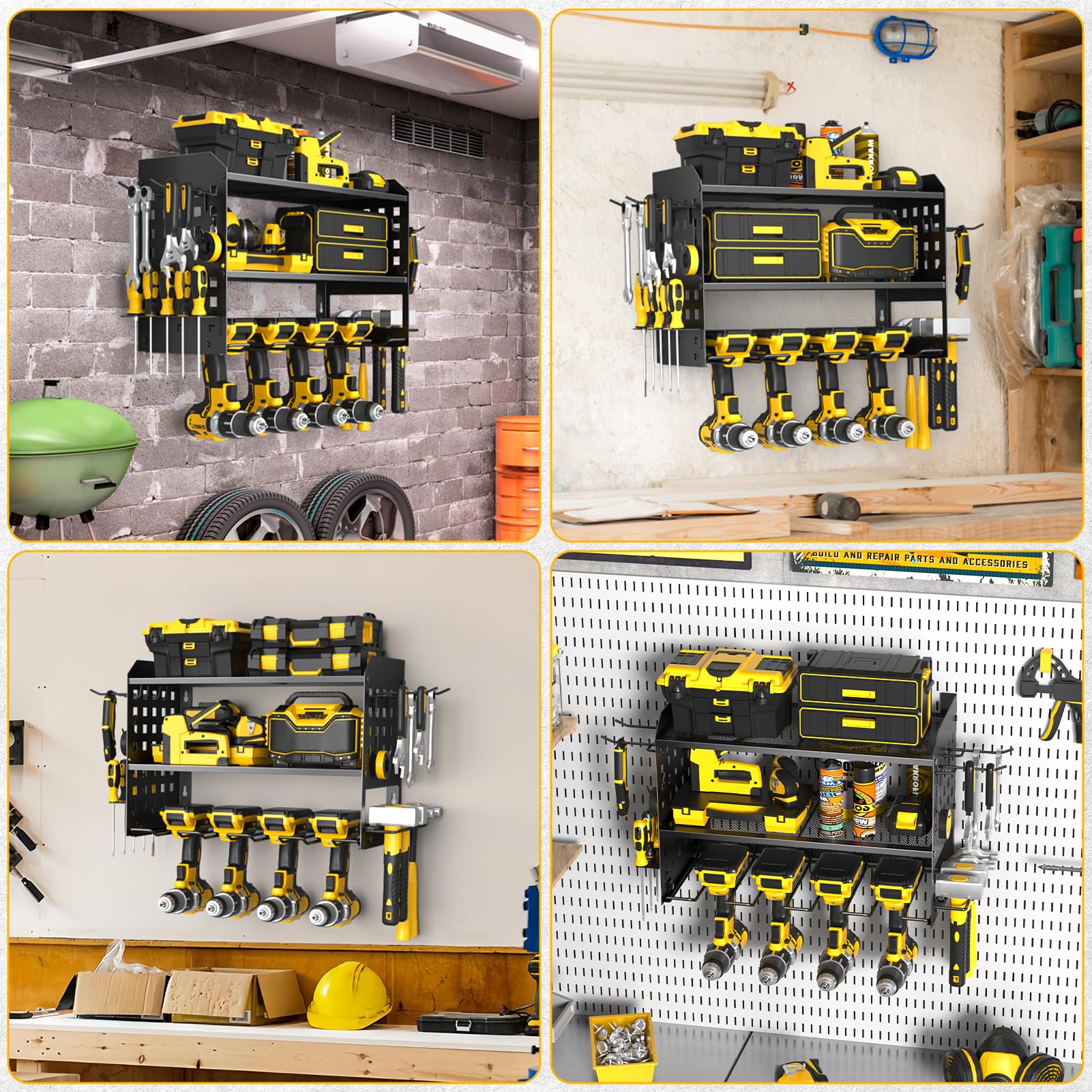 Yeabett 3 Ebenen Werkzeug Wandhalterung, Werkzeugspeicher Aufbewahrung für 4 Elektrowerkzeug, Werkzeug Wandhalterung für Garage, Werkstatt, 42.5 * 20 * 31cm (Schwarz)