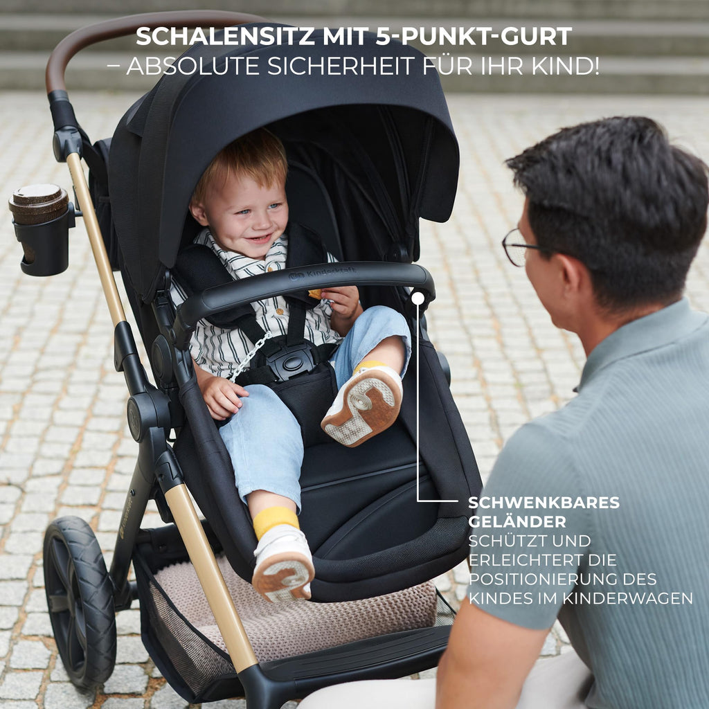 Kinderkraft MOOV2 AIR Kinderwagen 3 in 1 Kinderwagenset bis 22 kg mit Kindersitz I-SIZE 40-75 cm, Buggy Funktion, Liegeposition verstellbar, Große ausziehbare Verdeck, Aufblasbare Räder, Schwarz