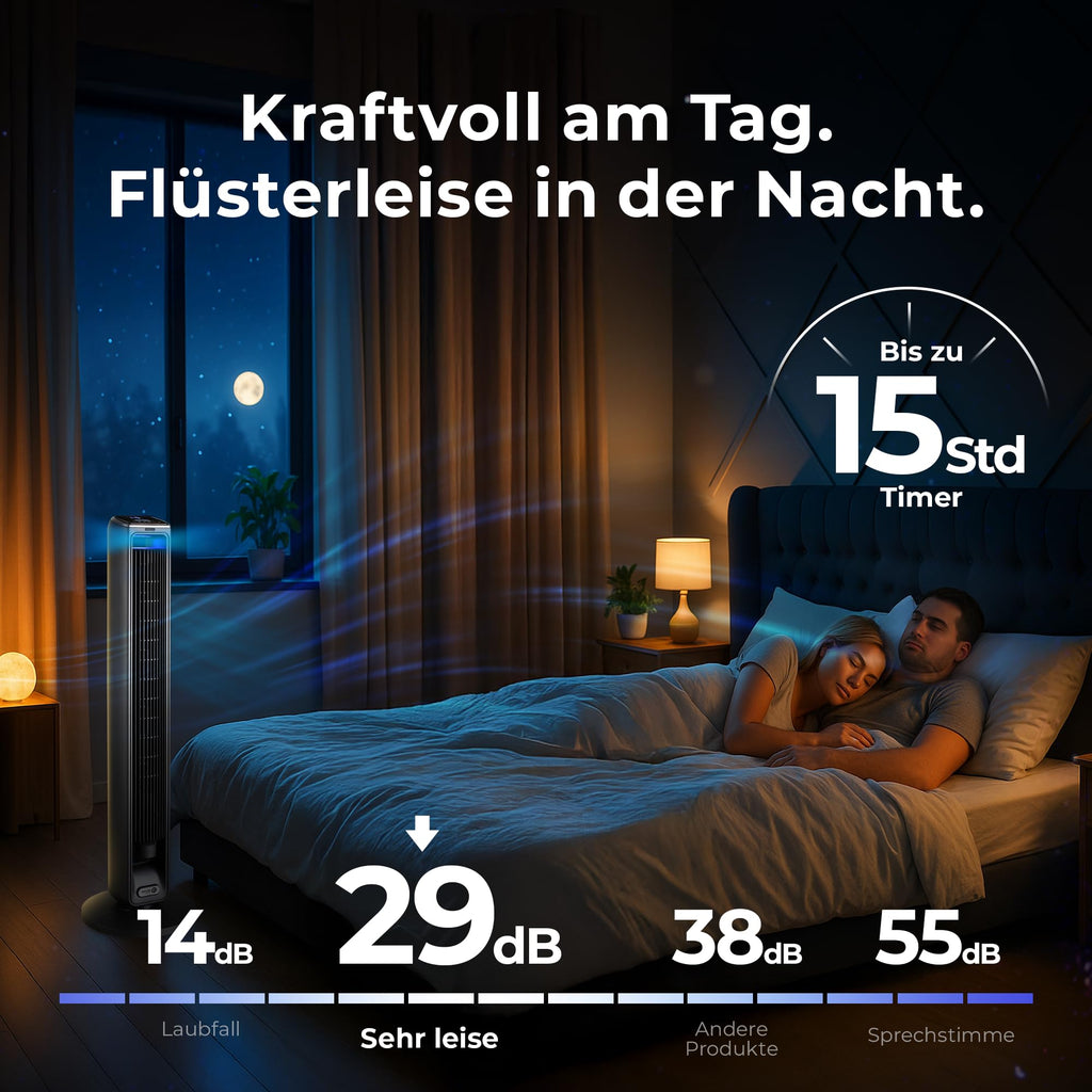 Balter Turmventilator mit Fernbedienung, Ventilator leise 106 cm, Standventilator mit Oszilation, mobiler Luftkühler, 3 Geschwindigkeiten, 3 Modi – Timer bis 15 Std