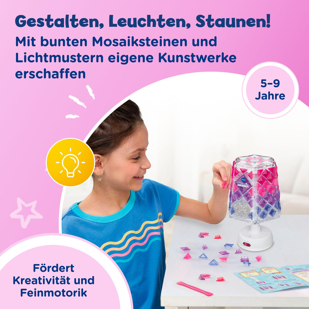 Vtech Mosaic Magic Lights Lampe – Personalisierbare Kinderlampe mit wiederverwendbaren Mosaiksteinen – Inkl. Nachtlicht-Funktion, Lichtmustermodus und Musik – Für Kinder von 5-9 Jahren