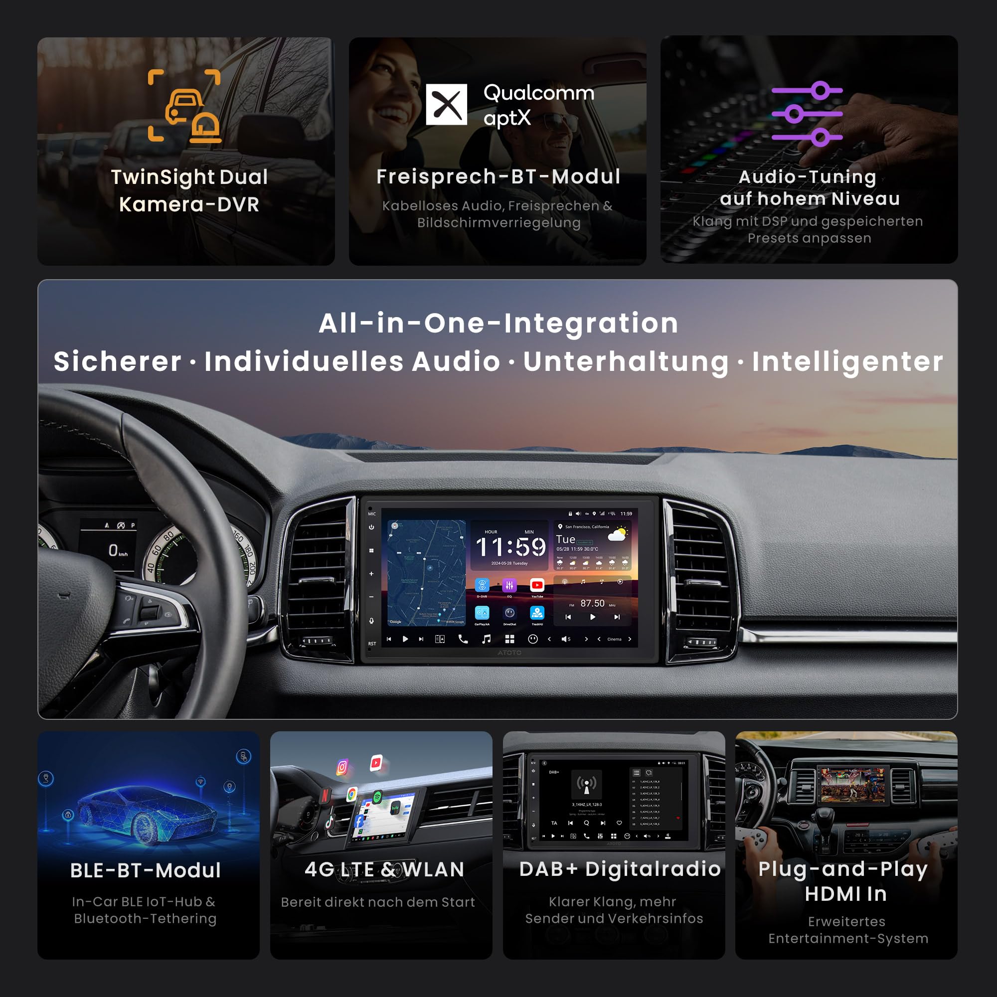 ATOTOZONE X10DG2B7E 7 Zoll Android DAB+ Autoradio Doppel-Din, 8+128G, 4G LTE, KI-Sprachassistent, Kabelloses Carplay & Android Auto, Duales Mikrofon & BT & Kameraeingang, 36B-EQ, HDMI-Eingang