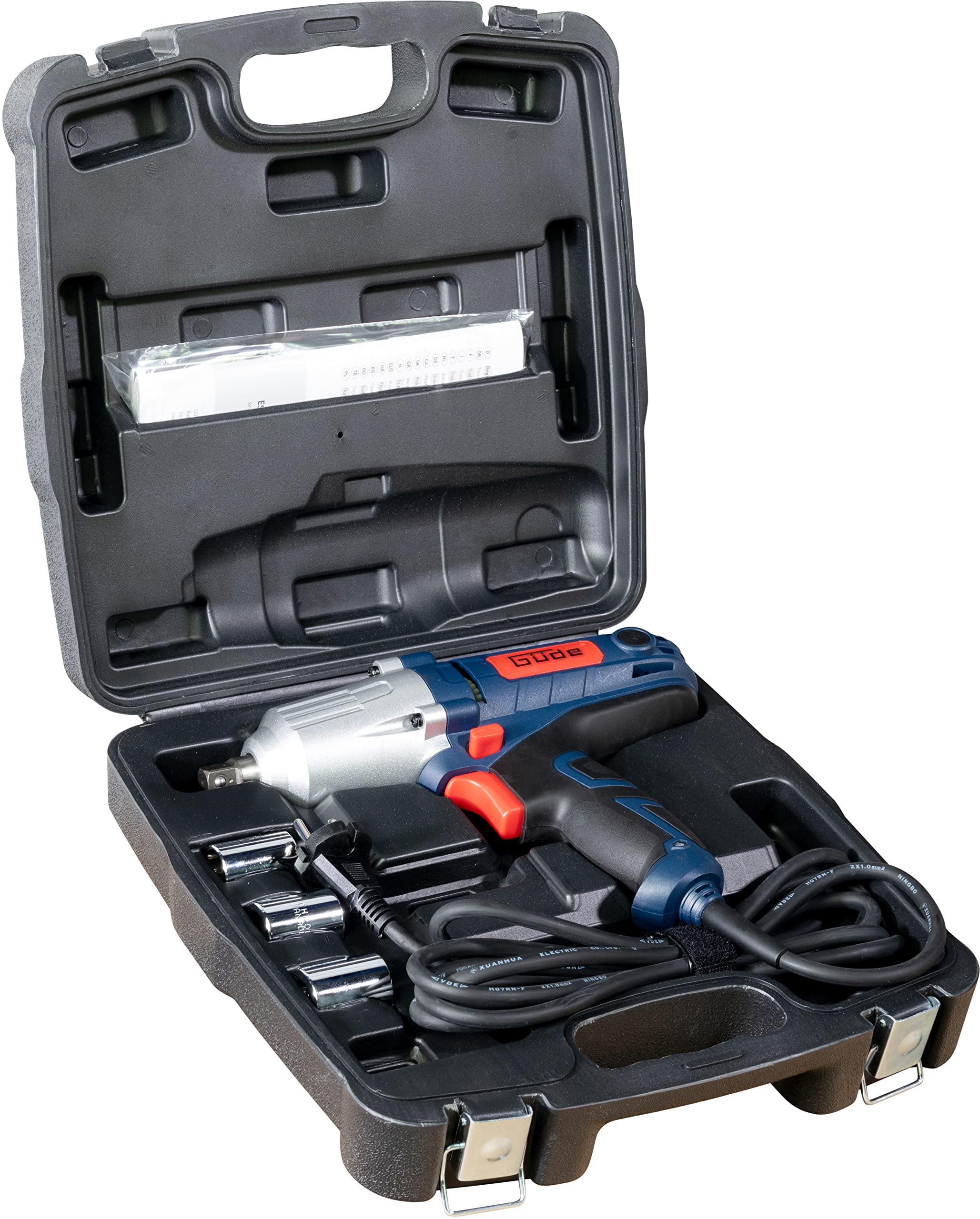 Güde Schlagschrauber ESS 350 (450 W, GS-geprüft, Drehmoment 350 Nm, Rechts-/Linkslauf, 3200 1/min, 1/2" Werkzeugaufnahme, inkl. 3 Stecknüsse (17/19/21) aus Chrom-Vanadium-Stahl & Transportkoffer)