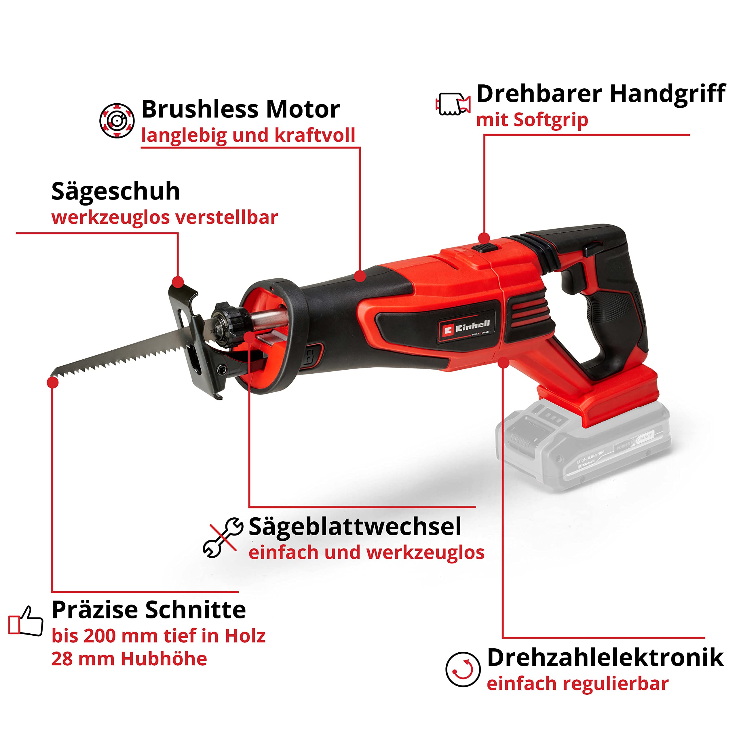 Einhell Professional Akku-Universalsäge TP-AP 18/28 Li BL-Solo Power X-Change (18 V, Brushless, 28 mm Hubhöhe, 2.500 min-1, 20 cm Schnitttiefe Holz, drehbarer Griff, ohne Akku)