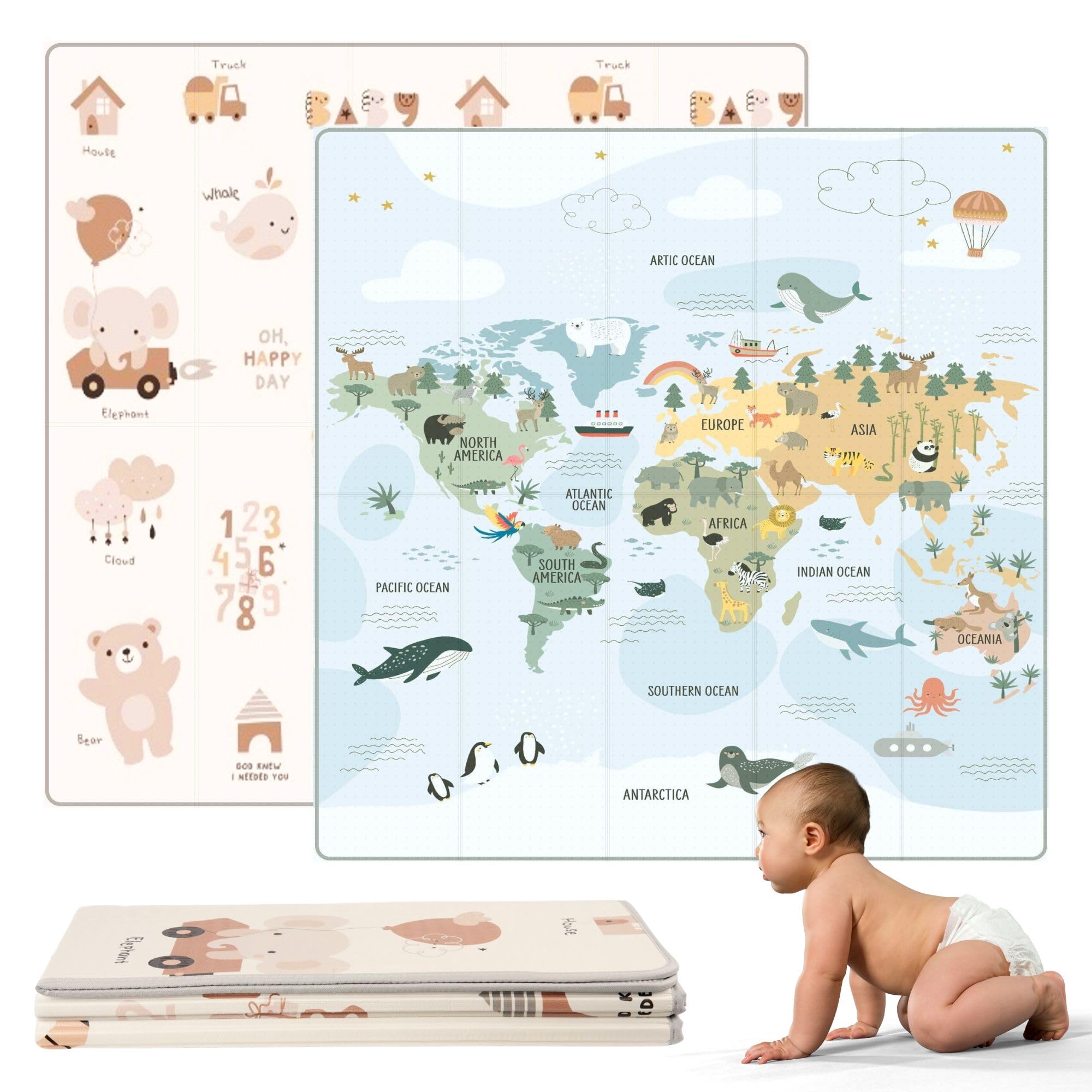 HuBorns - Spielmatte Baby Faltbar 200x180 cm und Wendbar, Krabbelmatte Baby Schadstofffrei mit CE Zertifikat, Play Mat XXL Gepolstert, Spielmatte Rutschfest und Wasserdicht (Weltkarte)