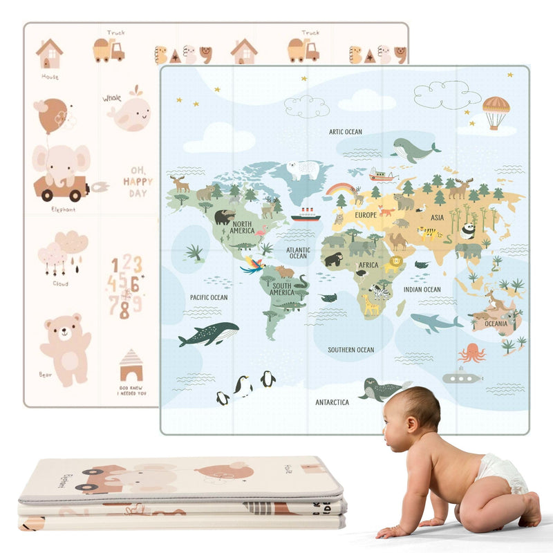 HuBorns - Spielmatte Baby Faltbar 200x180 cm und Wendbar, Krabbelmatte Baby Schadstofffrei mit CE Zertifikat, Play Mat XXL Gepolstert, Spielmatte Rutschfest und Wasserdicht (Weltkarte)