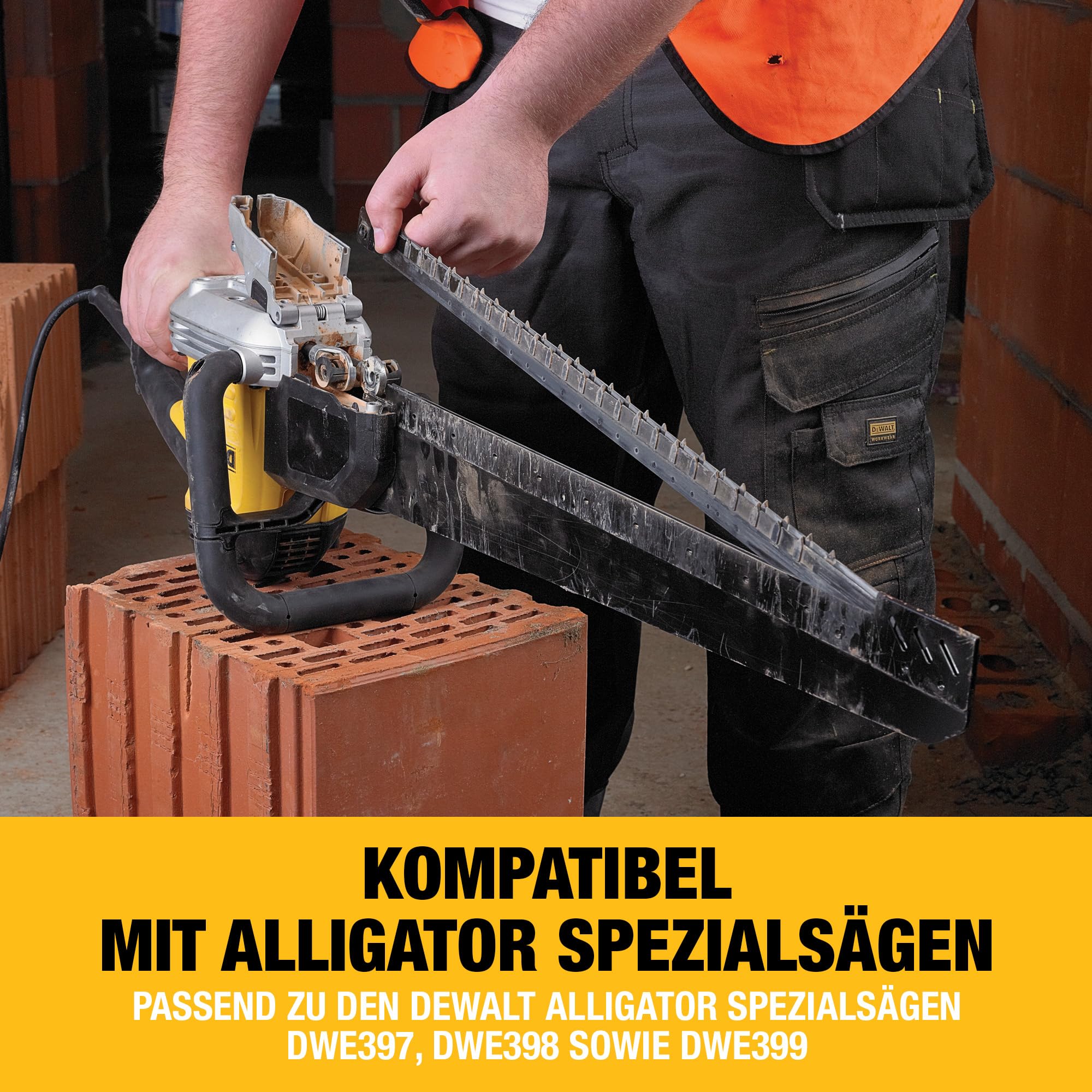 DEWALT 2-teiliges Alligator HM Spezialsägeblatt (für den Einsatz auf Alligator Spezialsägen, Arbeitslänge 430 mm, für Hochlochziegel bis Festigkeitsklasse 12 N/mm2), DT1974-QZ