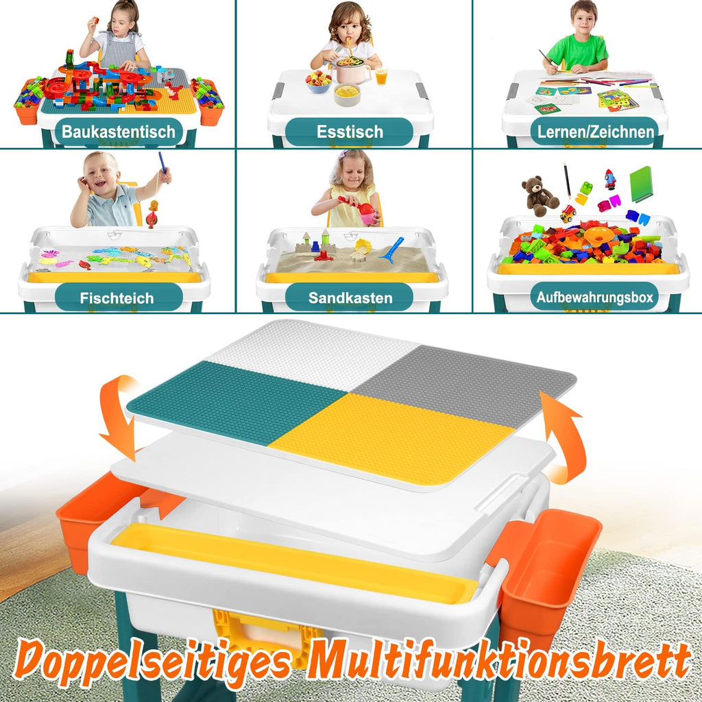 LZQ 5-in-1 Kindertisch mit Stühle Set Kinder Tisch Stuhl Spieltisch mit Bausteine und 2 Stühle Doppelseitiger Tischplatte Multifunktionaler Aktivitätstisch mit Stauraum für Lernen Lernspiele