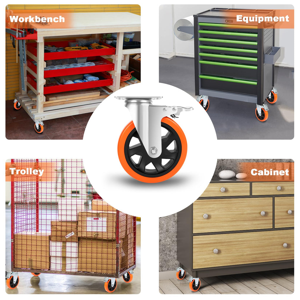 W B D WEIBIDA Schwerlastrollen 150mm, 4 Rollen mit Bremse Doppelverriegelung Tragkraft 1000KG, Langlebige, Leise und Robuste Möbelrollen, Polyurethan Rollen Groß für Werkbänke und Industrielle