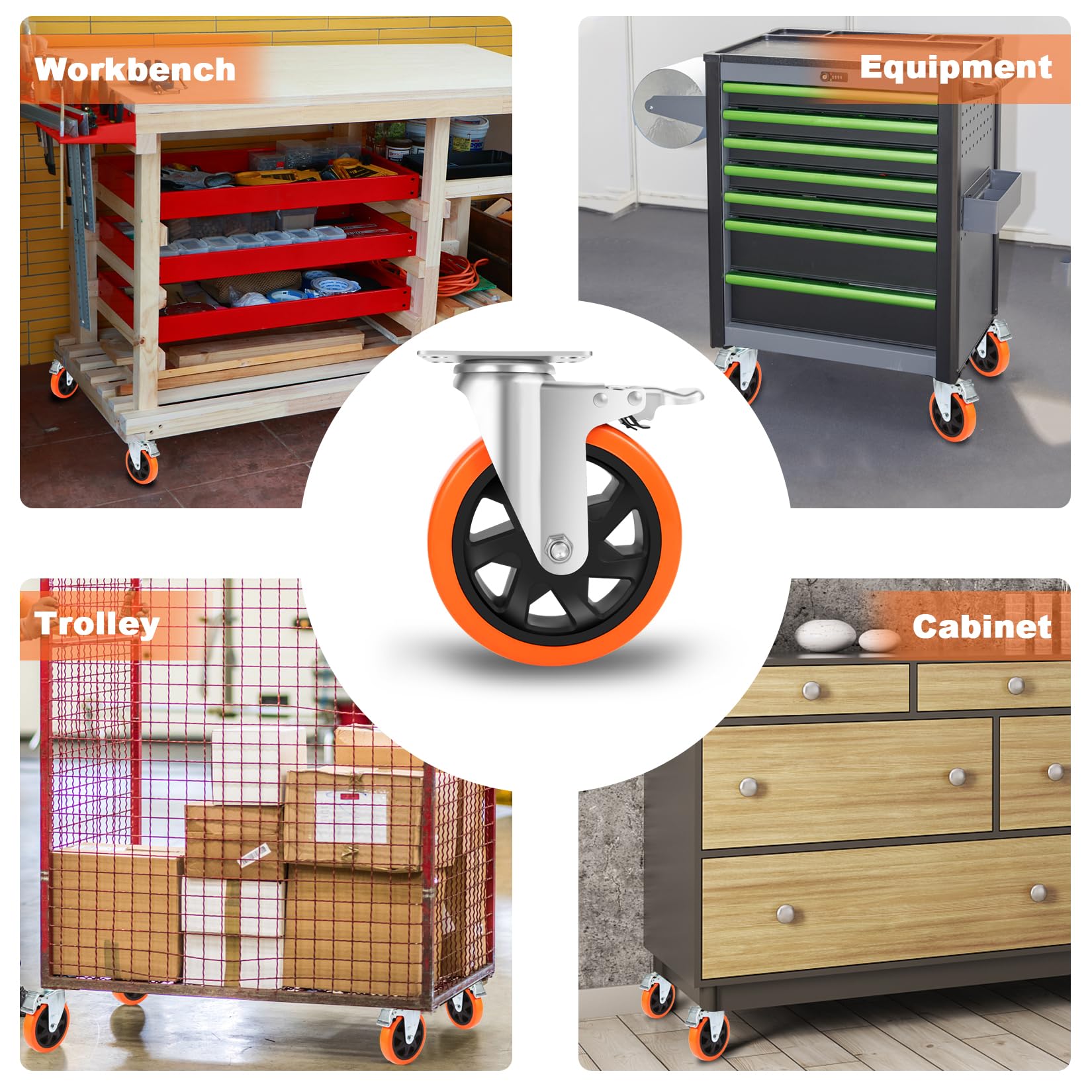 W B D WEIBIDA Schwerlastrollen 150mm, 4 Rollen mit Bremse Doppelverriegelung Tragkraft 1000KG, Langlebige, Leise und Robuste Möbelrollen, Polyurethan Rollen Groß für Werkbänke und Industrielle