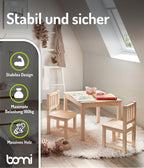 Bomi Kindersitzgruppe Holz Amy | Kindertisch mit 2 Stühlen | Tisch & Stühle Kinderzimmer Set | Kindertisch für drinnen | Maltisch & Basteltisch Kinder | Kindermöbel Holz Naturbelassen