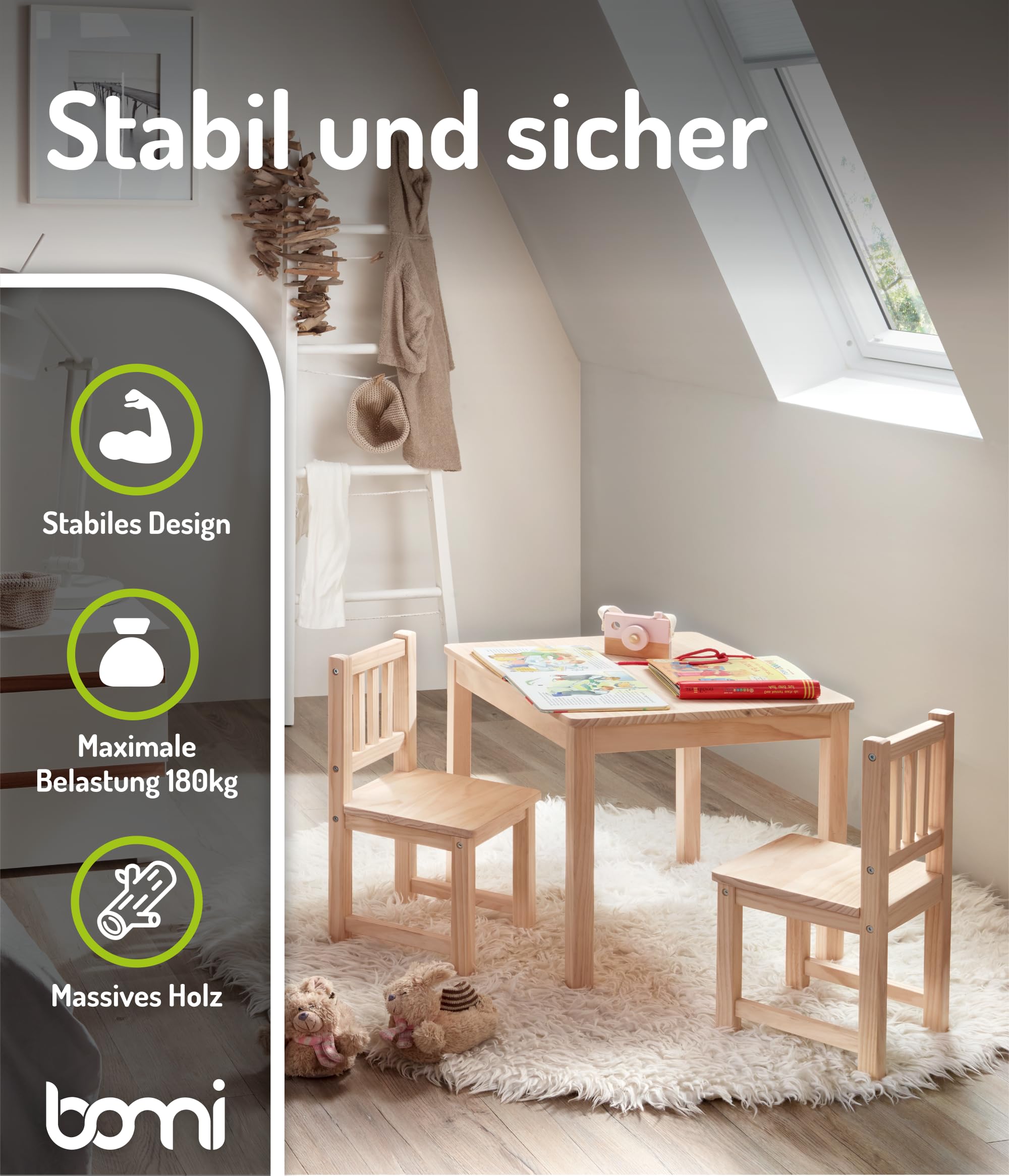 Bomi Kindersitzgruppe Holz Amy | Kindertisch mit 2 Stühlen | Tisch & Stühle Kinderzimmer Set | Kindertisch für drinnen | Maltisch & Basteltisch Kinder | Kindermöbel Holz Naturbelassen