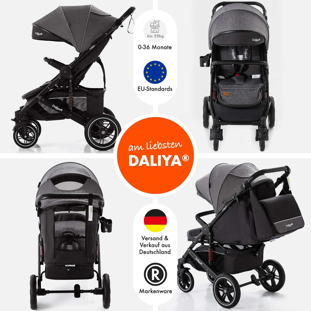 Daliya® Rapidy Buggy Kinderwagen 0-36 Monate Sportwagen mit Liegeposition Wickeltasche, Winterfußsack, Ess- & Spieltisch und mehr (Dunkelgrau - Schwarz)