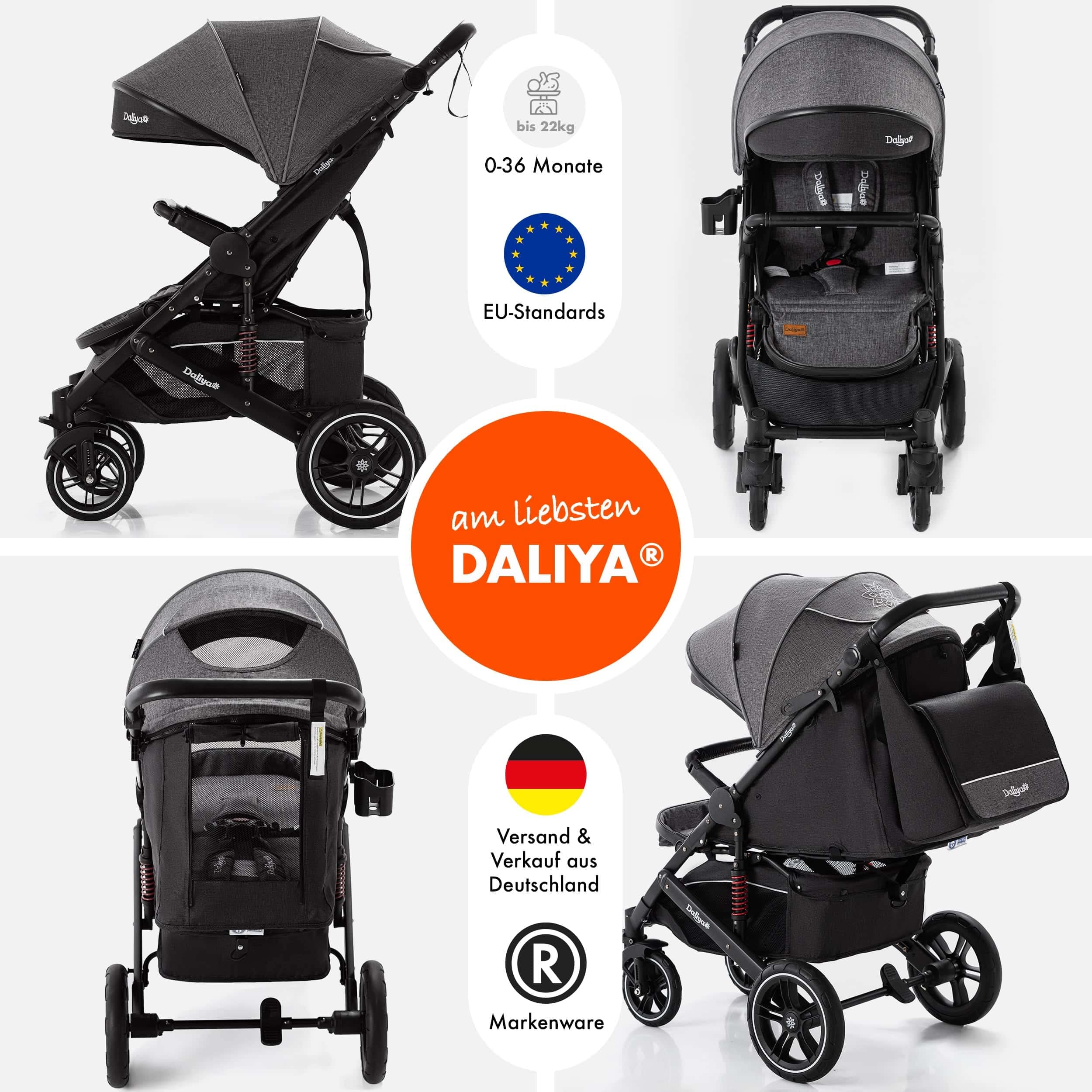 Daliya® Rapidy Buggy Kinderwagen 0-36 Monate Sportwagen mit Liegeposition Wickeltasche, Winterfußsack, Ess- & Spieltisch und mehr (Dunkelgrau - Schwarz)