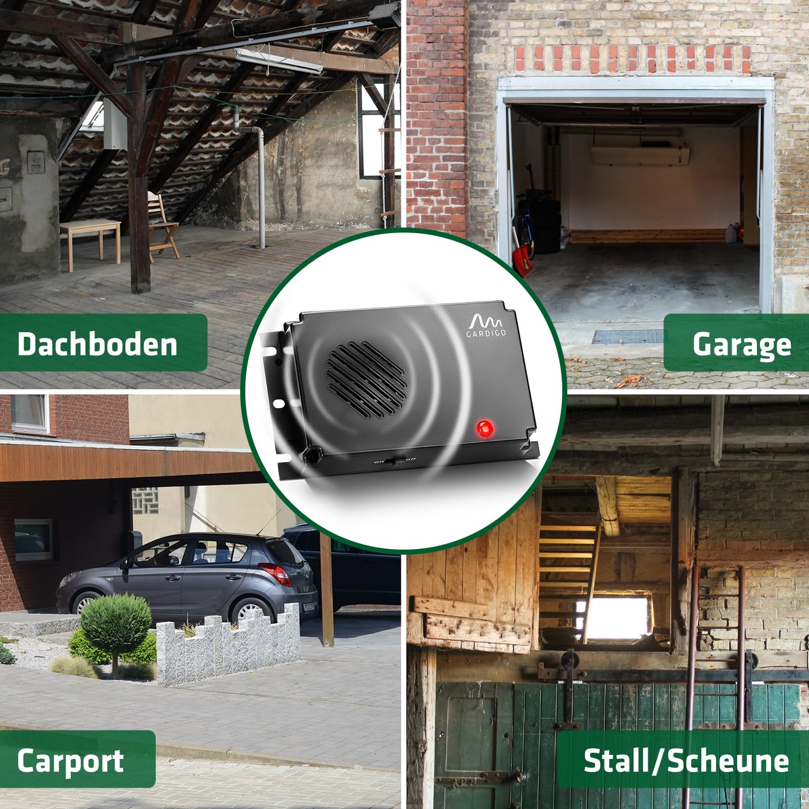 GARDIGO® Marderschreck Marder-Frei Mobil | Ultraschall Marderabwehr | Marderschreck Auto Batteriebetrieben | Marderschutz für KFZ, Motorraum, Dachboden, Haus, Garten | Intervallschaltung