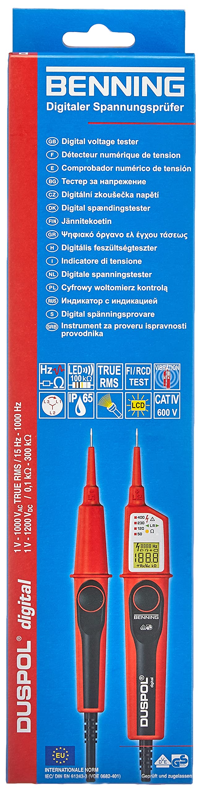 BENNING DUSPOL digital Digitaler True RMS Spannungsprüfer (Prüfart 2-polig, Spannungsmessbereich 1 V - 1000 V AC/ 1200 V DC, Durchgangsprüfung) 50263