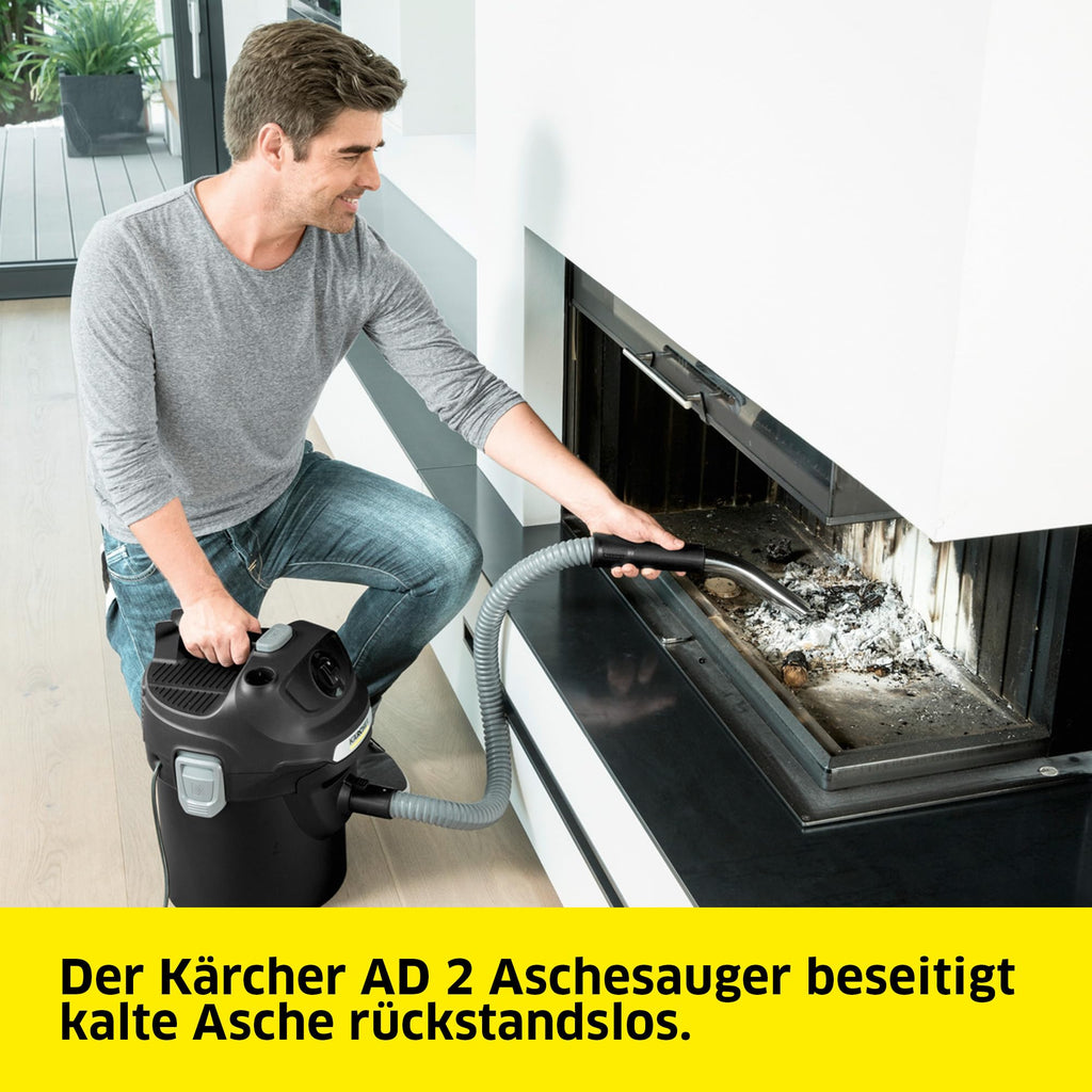 Karcher Asche- und Trockensauger AD 2, Nennleistungsaufnahme: 600 W, Metallbehälter: 14 l, Saugschlauch: 1,2 m, integrierte Filterabreinigung, Flachfaltenfilter, Metall-Grobschmutzfilter