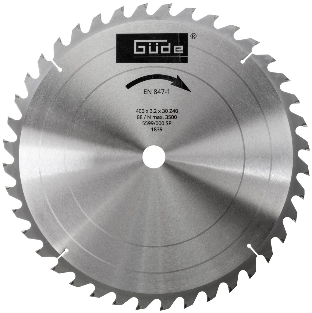 Güde 1839 Brennholzsägeblatt HM 400x30x3,2x40Z (aus Hartmetall, 40 cm Durchmesser, 3 cm Sägeblattbohrung, 40 Zähne, 2,2 mm Sägeblattstärke, für max. Schnitte mit bis zu 3500 1/min)