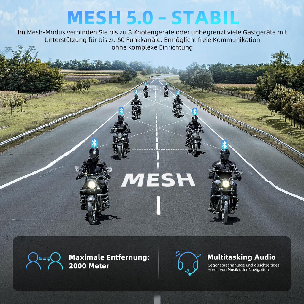 WAYXIN X6S Motorrad Intercom,integriertem Mesh Intercom System, Dual-Chip für Audio-Multitasking Kopfhörer,Helm Headset für bis zu 8 Motorräder,mit HiFi/Musik Teilen/FM/AI Sprache (Schwarz-2pcs)