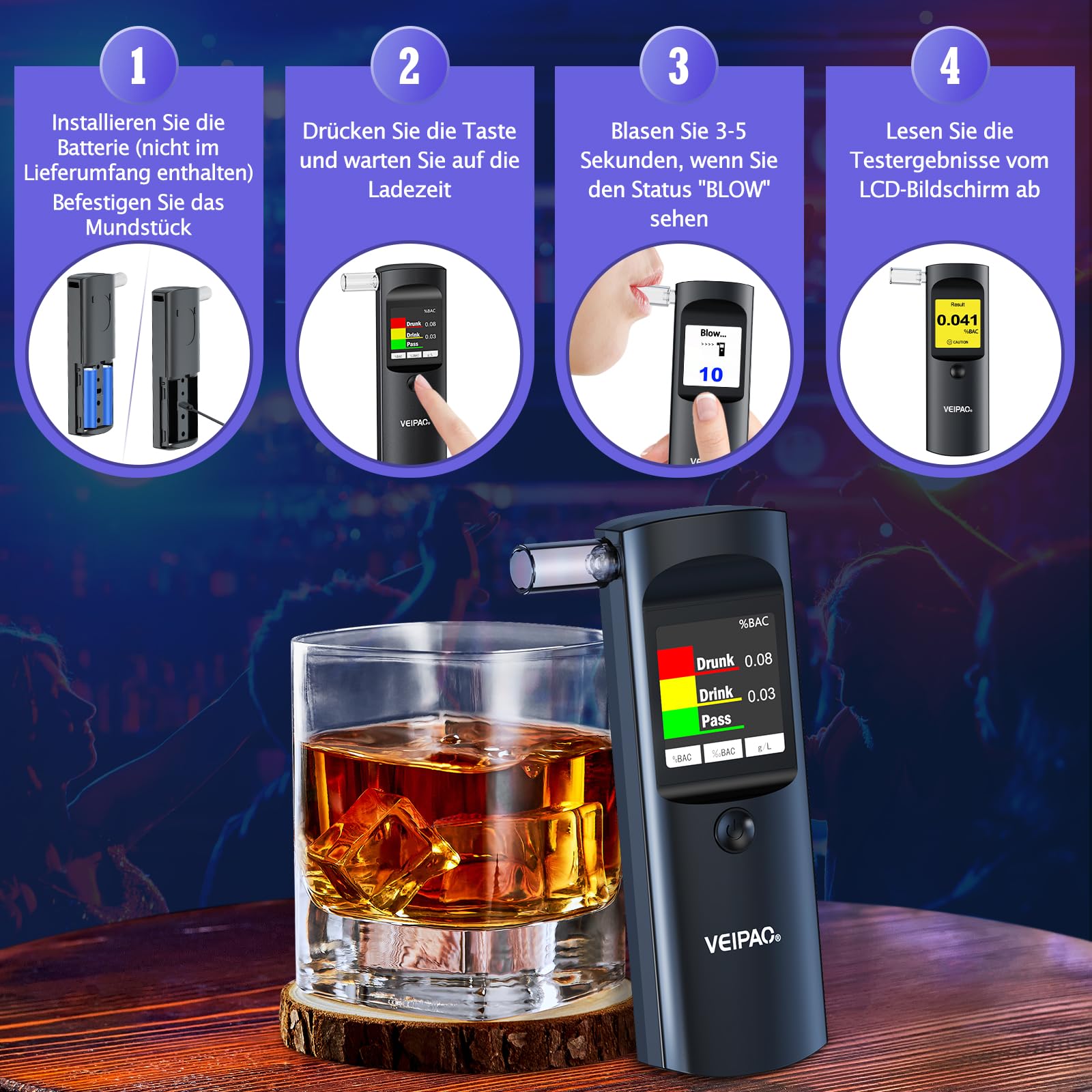 Alkoholtester Polizeigenau Alkoholtest Promillemessgerät: Tragbarer Alcohol Tester Promilletester mit 11 Mundstücken - Digitaler Alkotester Hohe Genauigkeit für Persönlichen Gebrauch Sensor - Schwarz