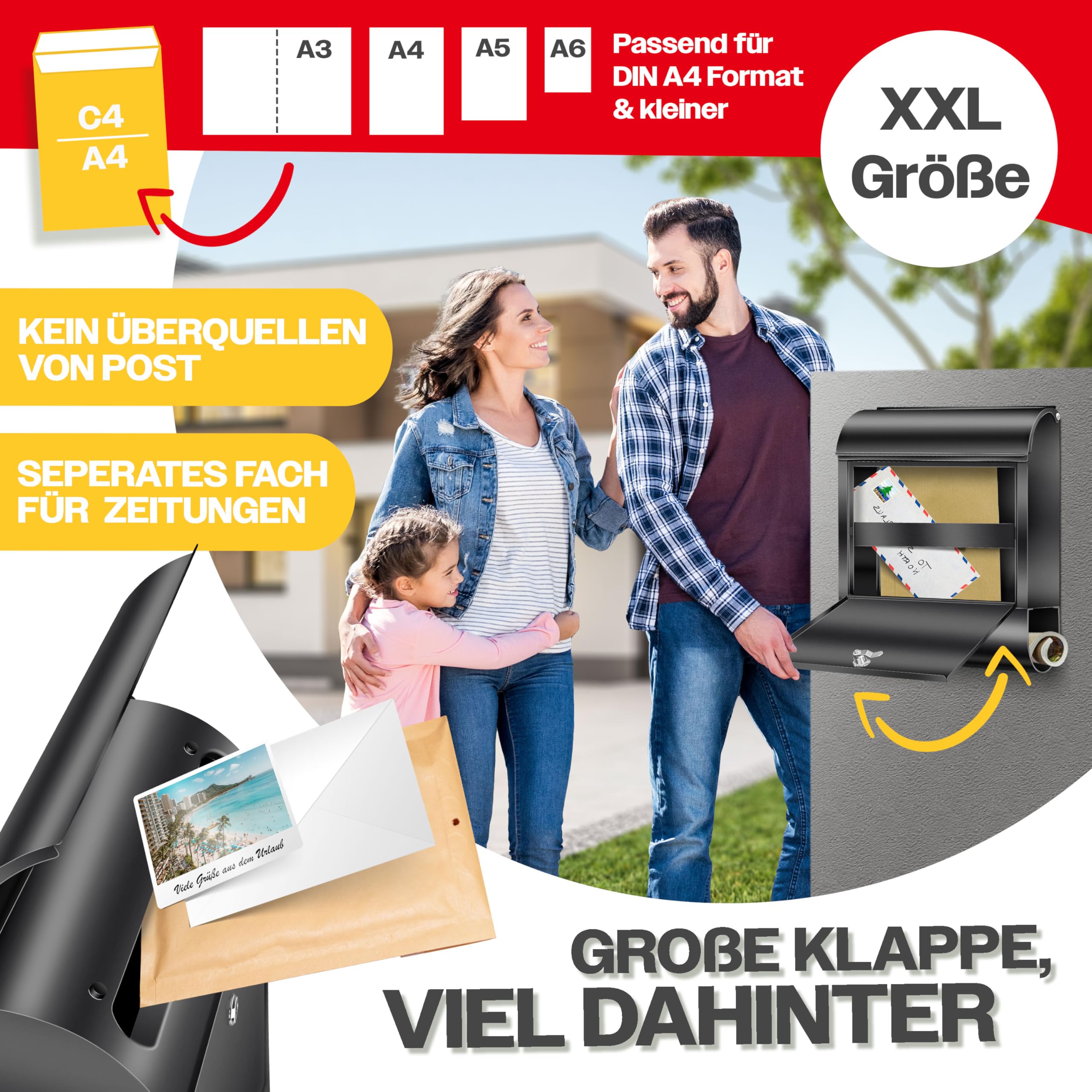 KESSER® XXL Briefkasten Edelstahl mit Zeitungsfach, gebürstet, 3X Schlüssel abschließbar, Pulverbeschichtet, Wandmontage, groß Front-Einwurf: DIN C4 = DIN A4, inkl. Montagematerial, Schwarz