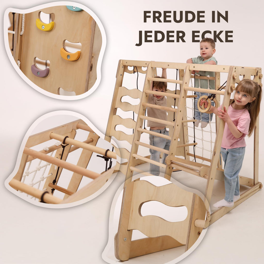 Goodevas Verbessert 9-in-1 Klettergerüst Indoor für Kinder, Montessori Klettergerüst mit Rutsche, Schaukel, Kletterwand, Kletterdreieck – Spielplatz für Kinderzimmer