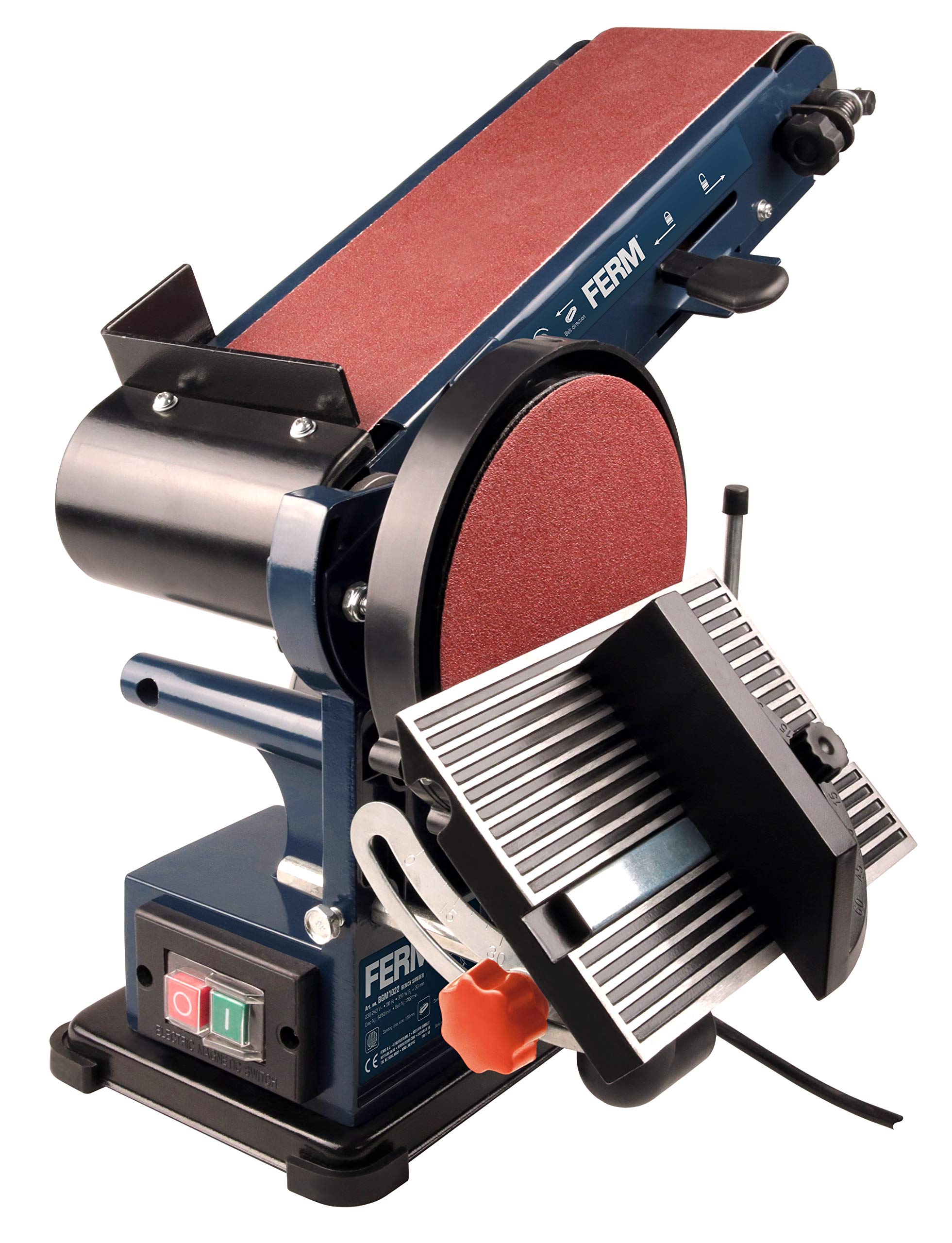Ferm Bandschleifmaschine – 350W – 150mm - einschl. 2 Schleifbänder (P80 & P120) und 2 Schleifscheiben (P80 & P120), BGM1022