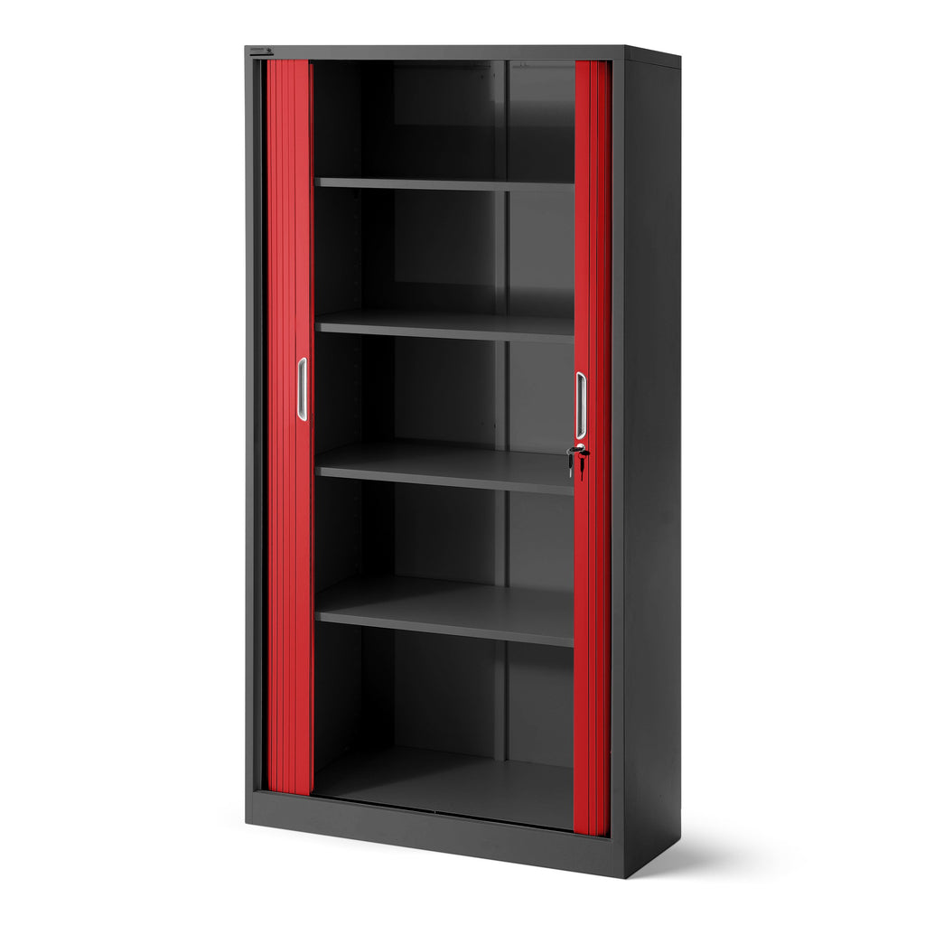 Jan Nowak Rollladenschrank Aktenschrank Büroschrank mit Rolltüren Querrollladenschrank Metall Pulverbeschichtung 4 Einlegeböden 185 cm x 90 cm x 45 cm (Anthrazit-Rot)