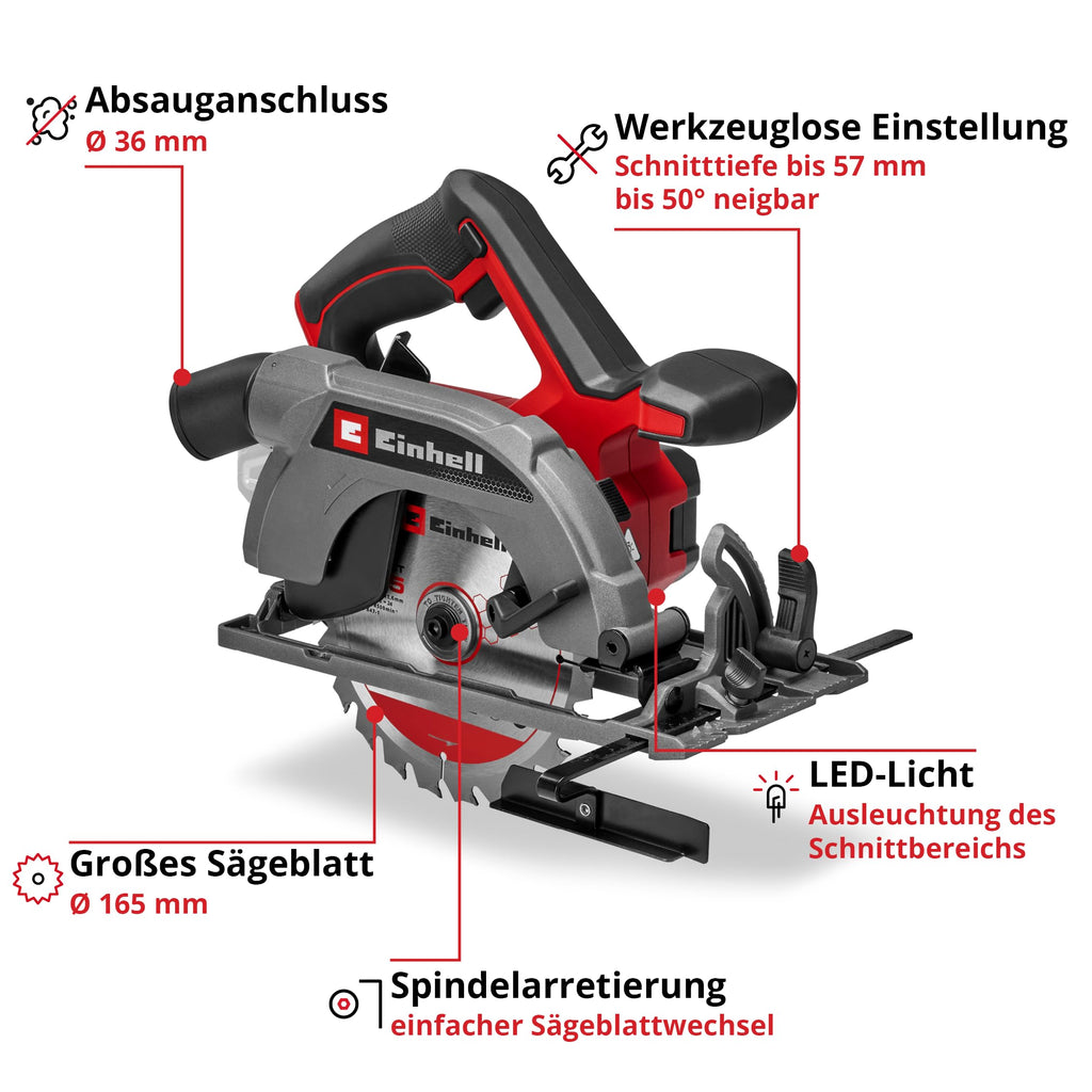 Einhell Akku-Handkreissäge TE-CS 18/165-2 Li - Solo Power X-Change (18 V, Ø 165 mm Sägeblatt, 57 mm Schnitttiefe, werkzeuglose Einstellung, LED, ohne Akku)