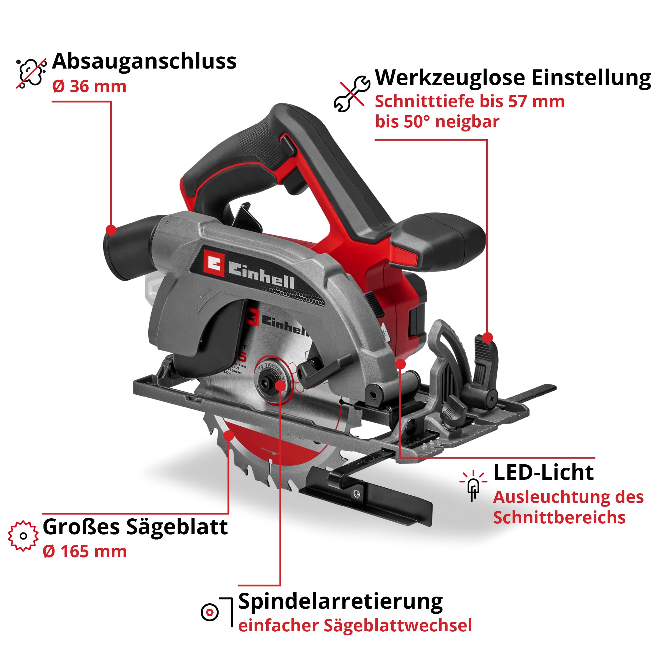 Einhell Akku-Handkreissäge TE-CS 18/165-2 Li - Solo Power X-Change (18 V, Ø 165 mm Sägeblatt, 57 mm Schnitttiefe, werkzeuglose Einstellung, LED, ohne Akku)