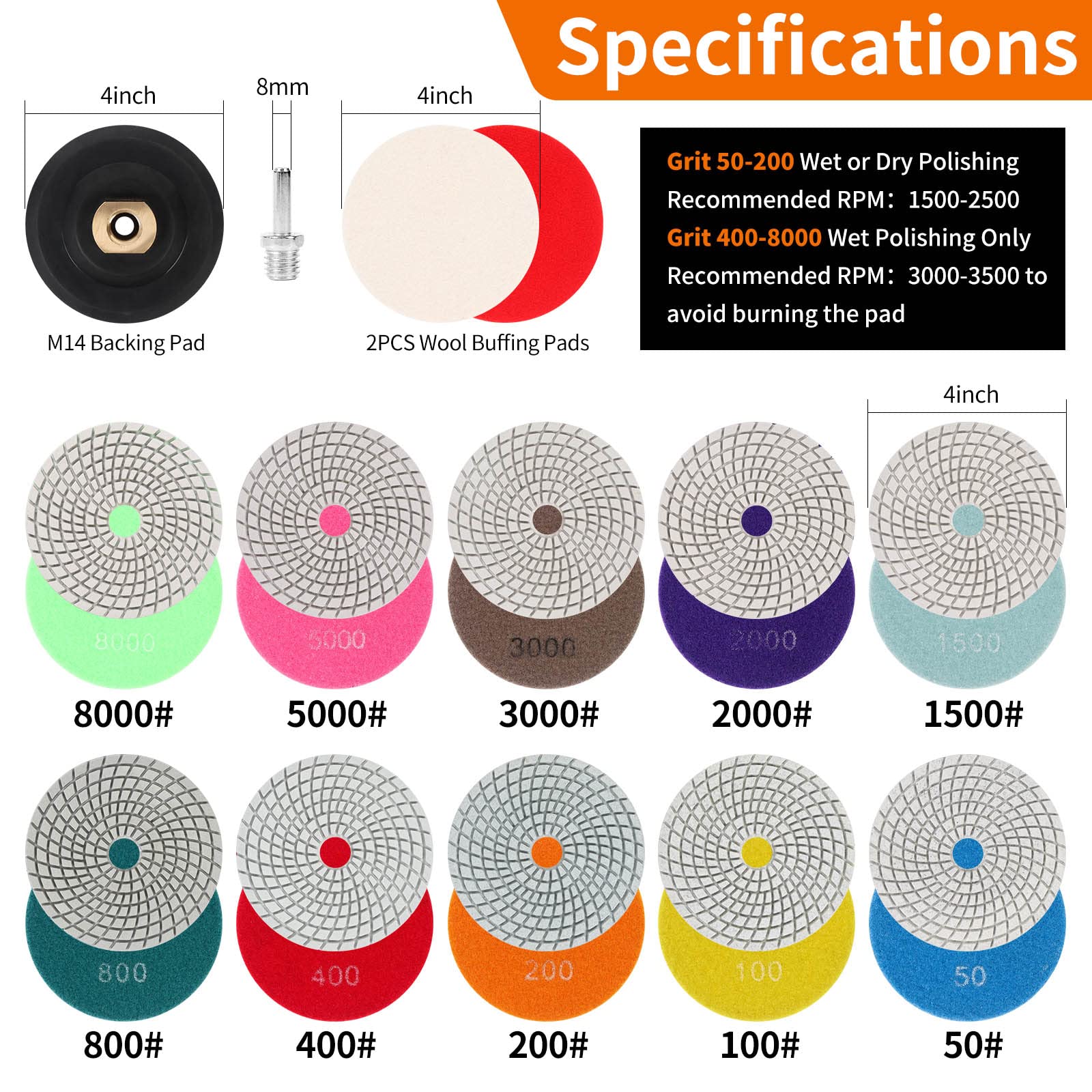 14PCS Diamant nass Polierscheiben mit M14 Gummi-Stützteller Wollfilz,100mm Marmor Polierset Schleifpads für Granit Beton Fliesen Stein Schleifen,50-8000 Schleifscheibe für winkelschleifer, Bohrer