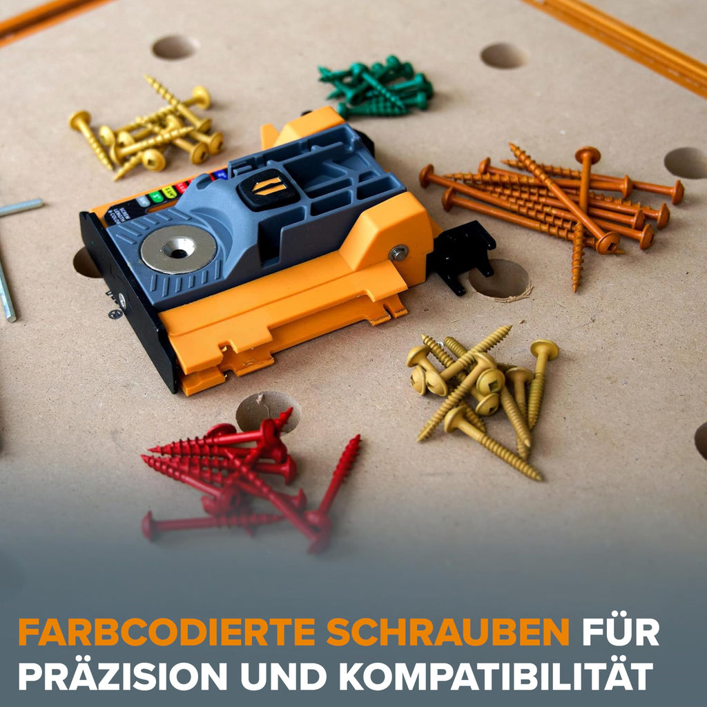 BORA Mini-Taschenloch-Bohrschablone – Automatische Tiefeneinstellung mit Push-Lock-System, Farbkodierte Schraubenführung – Für enge Räume & Holz bis 38 mm Stärke
